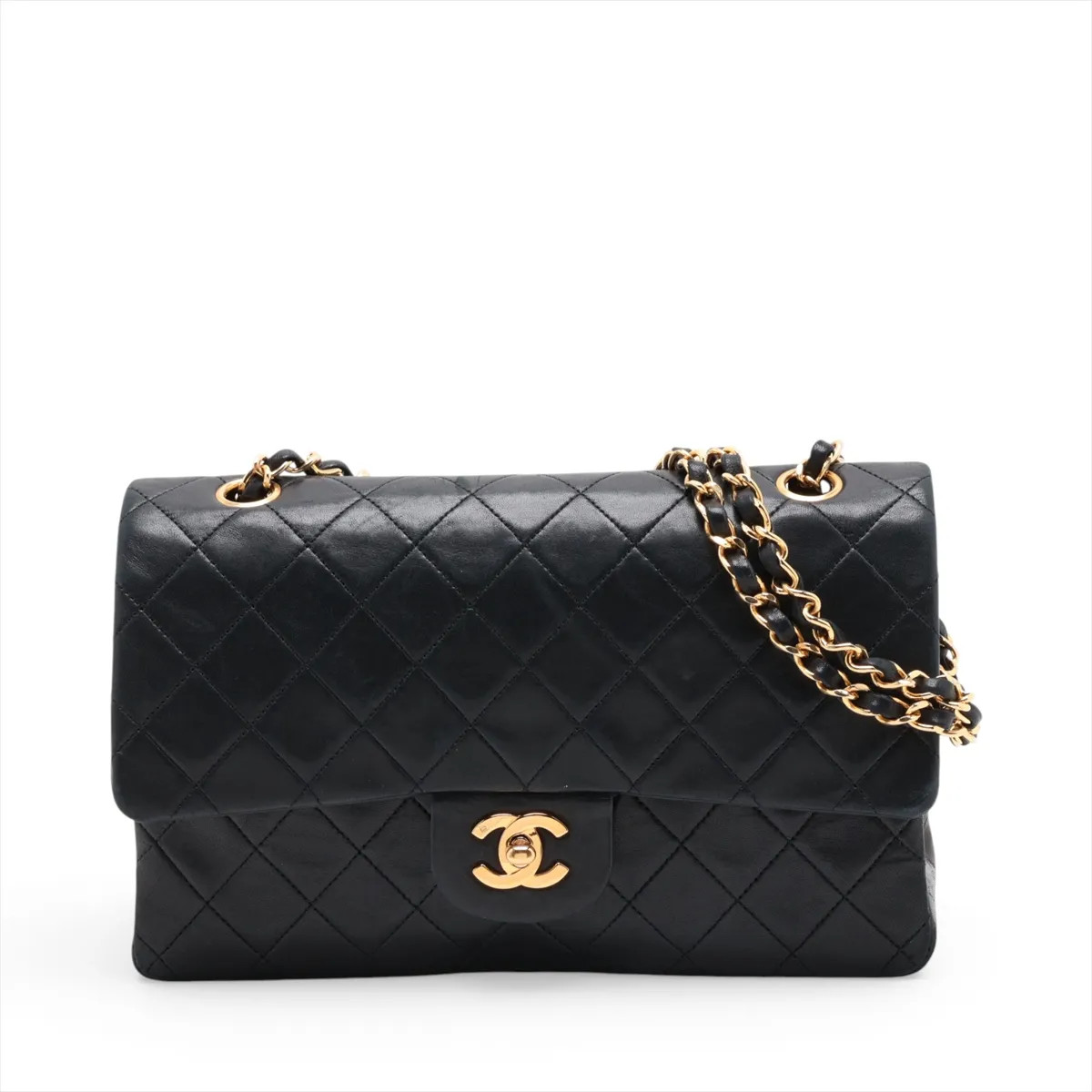 Chanel Matelasse 25 Lambskin Double Flap Double Chain Bag Black Gold Metal Fitti