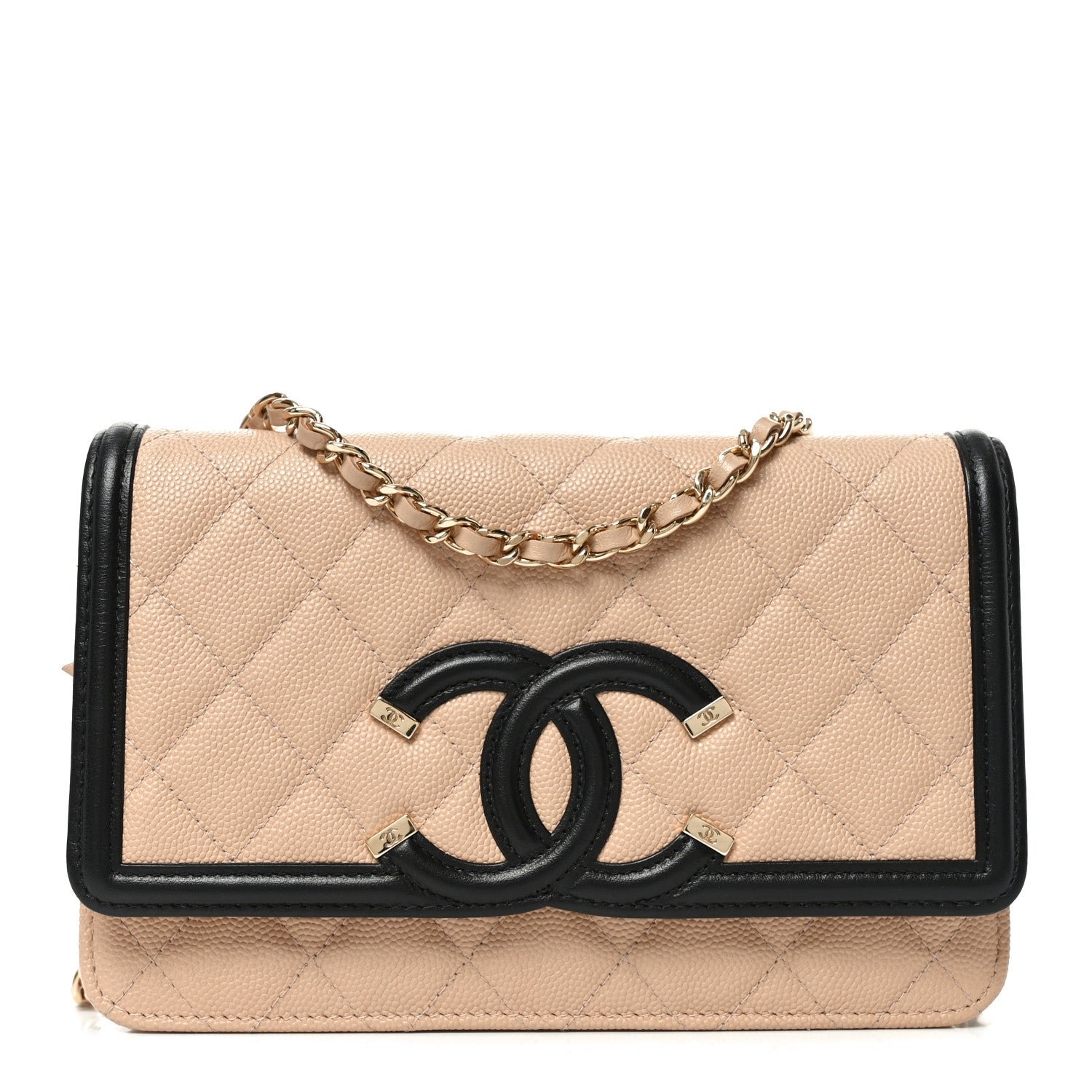 Chanel Caviar Quilted CC Filigree Wallet On Chain WOC Beige Black