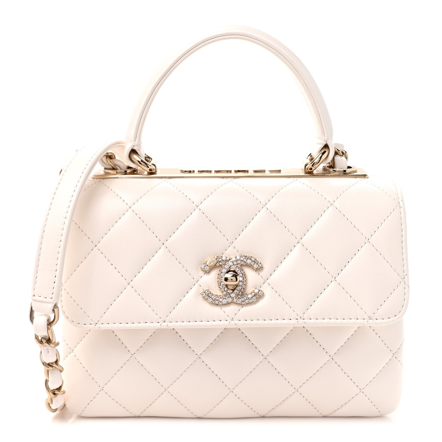 Chanel Lambskin Crystal Quilted Mini Trendy CC Dual Handle Flap Bag White