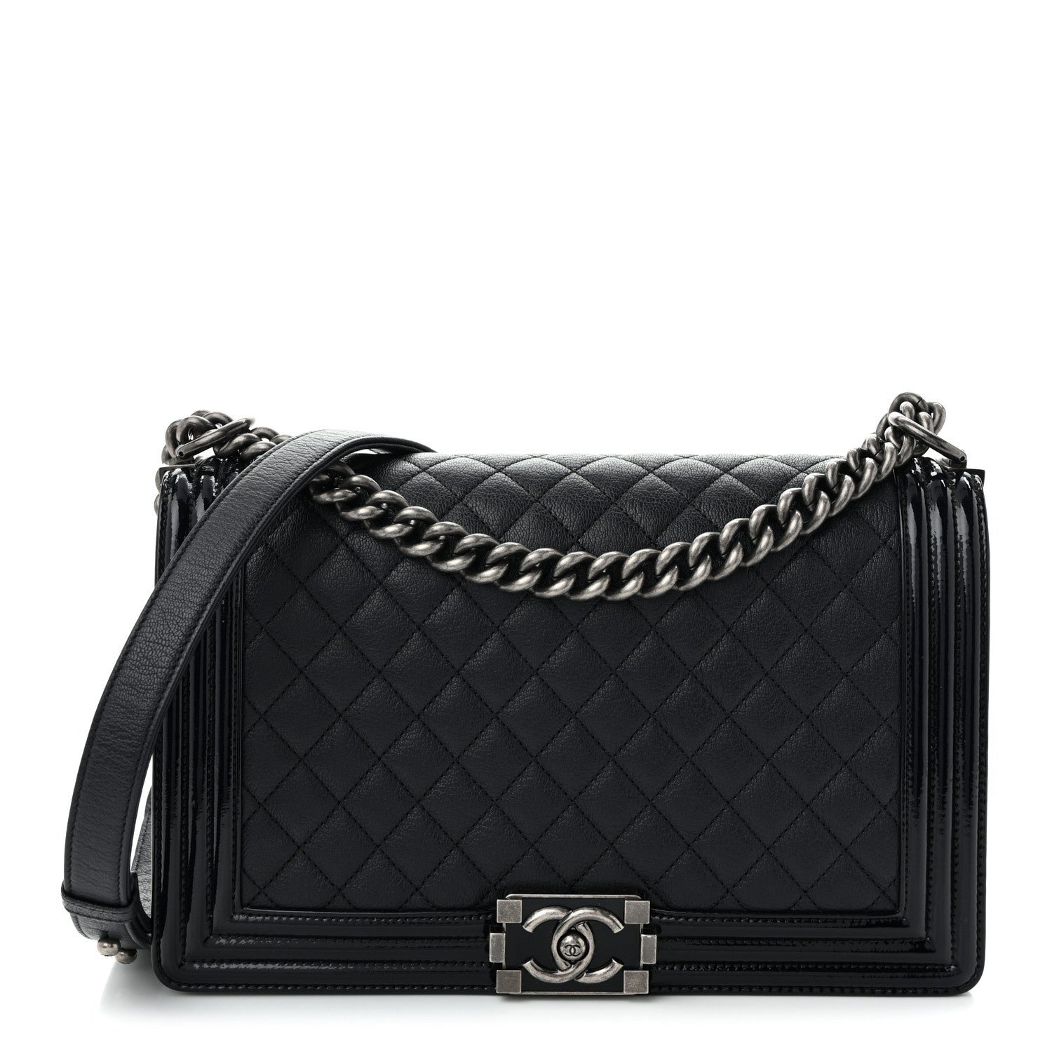 Chanel Goatskin Quilted Patent New Medium Duo Boy Flap Black