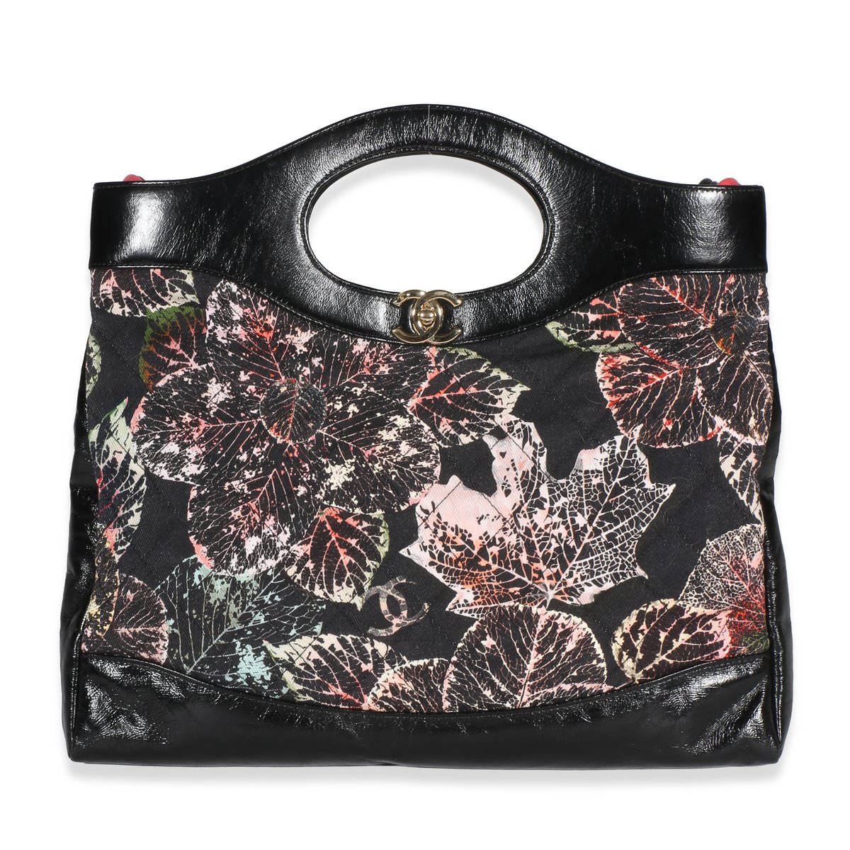 Black Pink Floral Canvas Calfskin Large 31 Shopping Bag