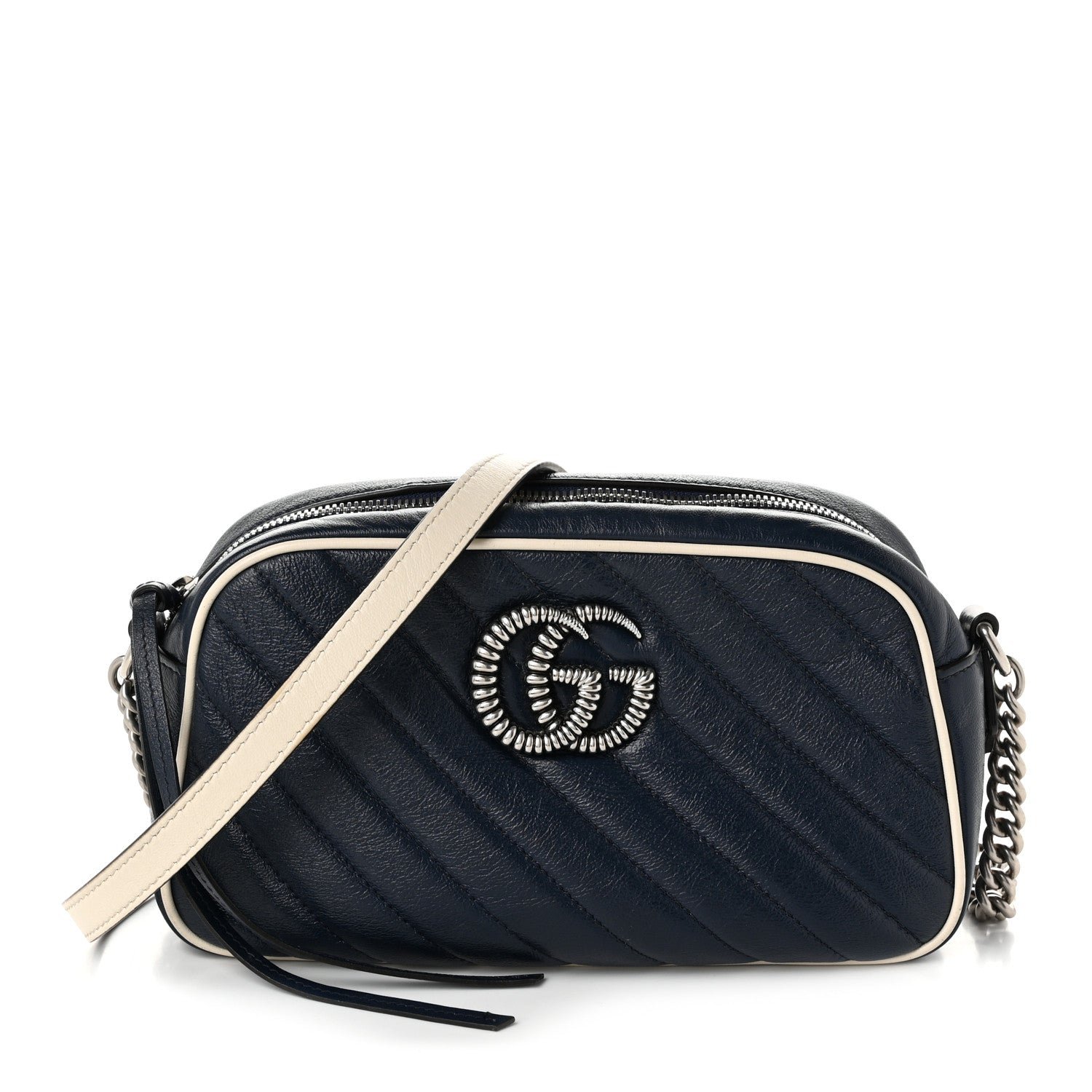 Gucci Vintage Effect Calfskin Matelasse Diagonal Small Torchon GG Marmont Chain Shoulder Bag Blue Agata Mystic White