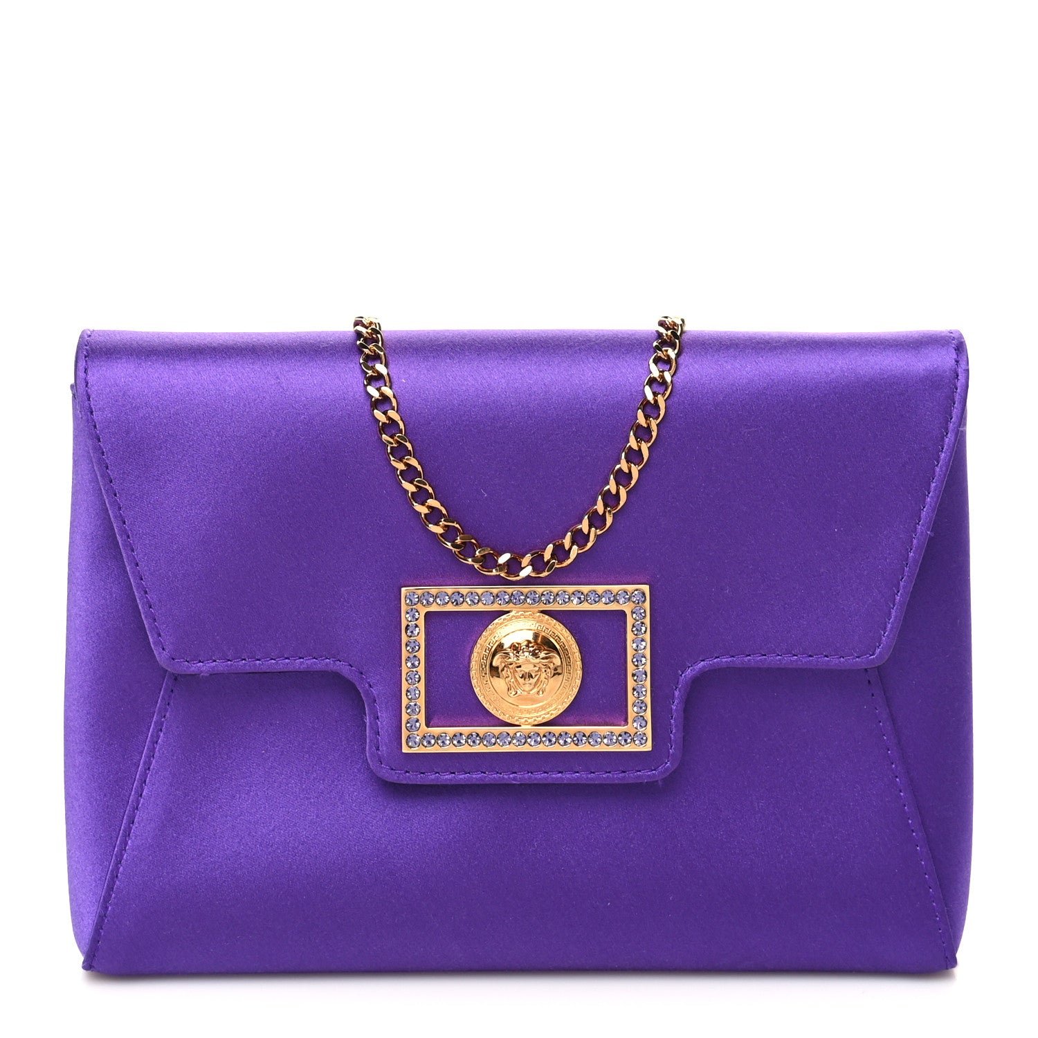 Versace Satin Crystal Embellished La Medusa Pouch On Chain Purple