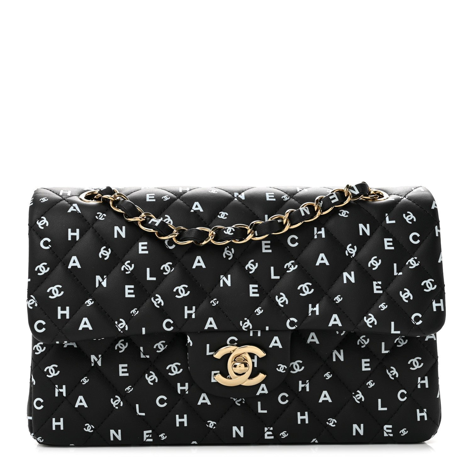 Chanel Calfskin Quilted Logo CC Printed Small Double Flap Black White