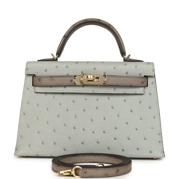 Hermes Hermes Special Order (HSS) Kelly Sellier 20 Bleu Glacier and Gris Tourterelle Ostrich Permabrass Hardware