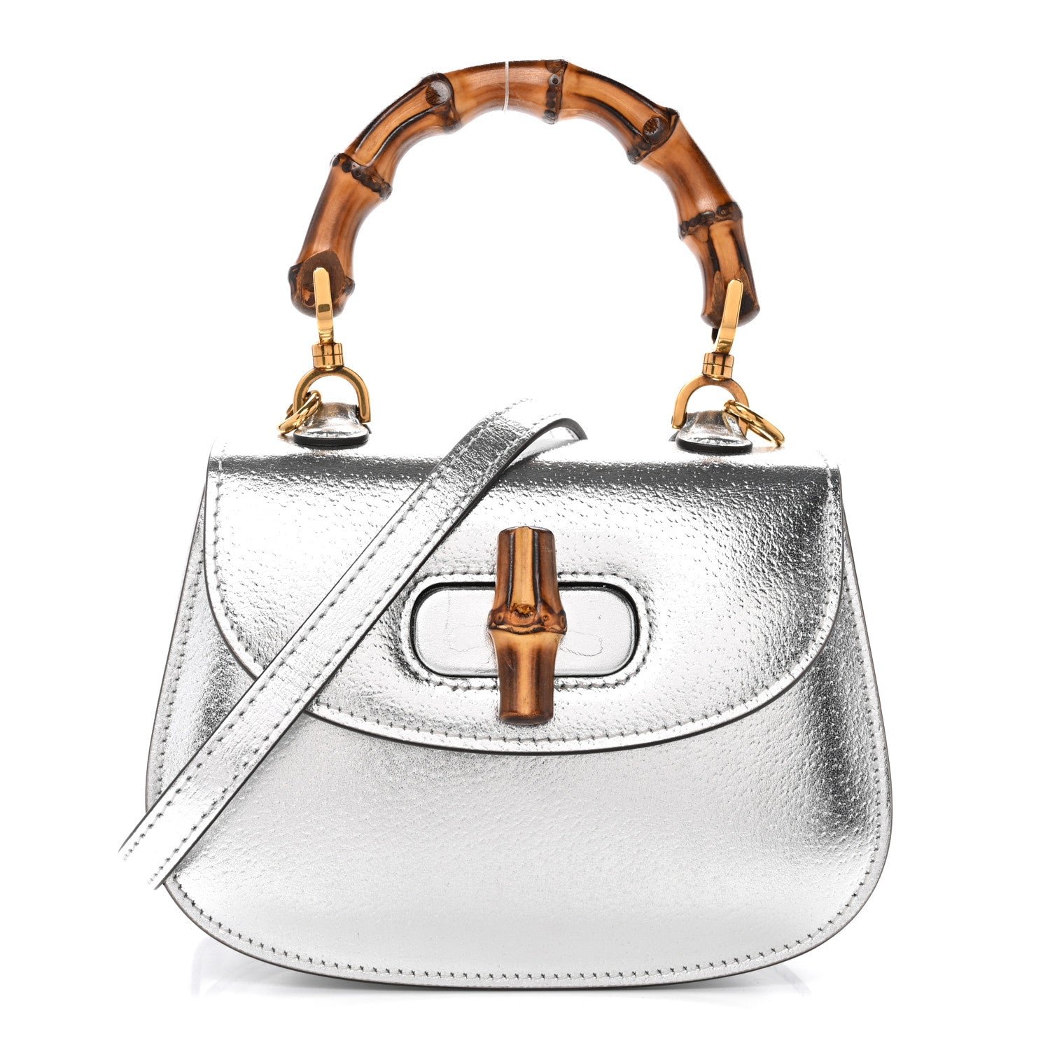 Gucci Metallic Calfskin Mini Bamboo 1947 Top Handle Bag Silver