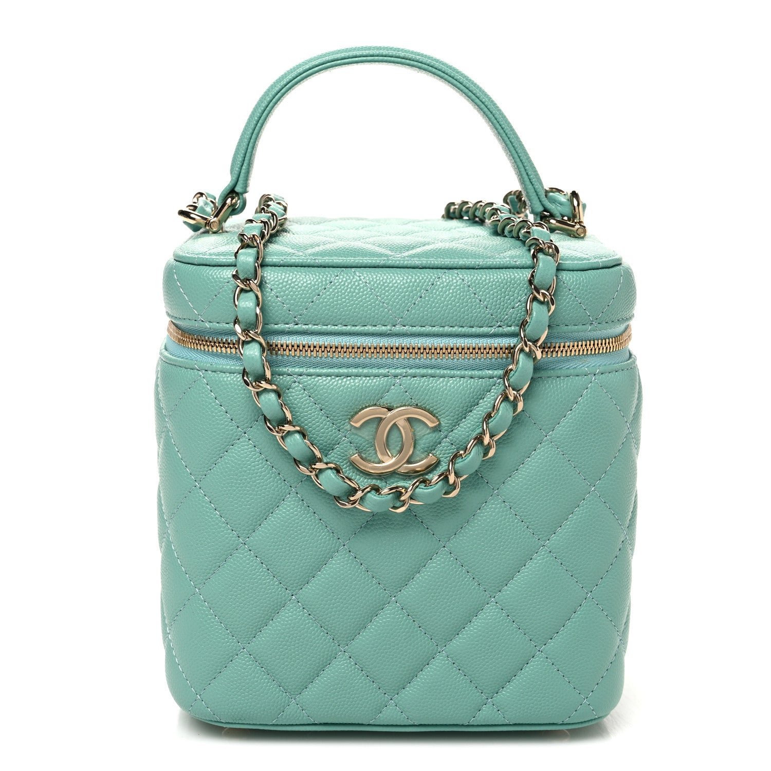 Chanel Caviar Quilted Small Top Handle Vanity Case With Chain Light Blue