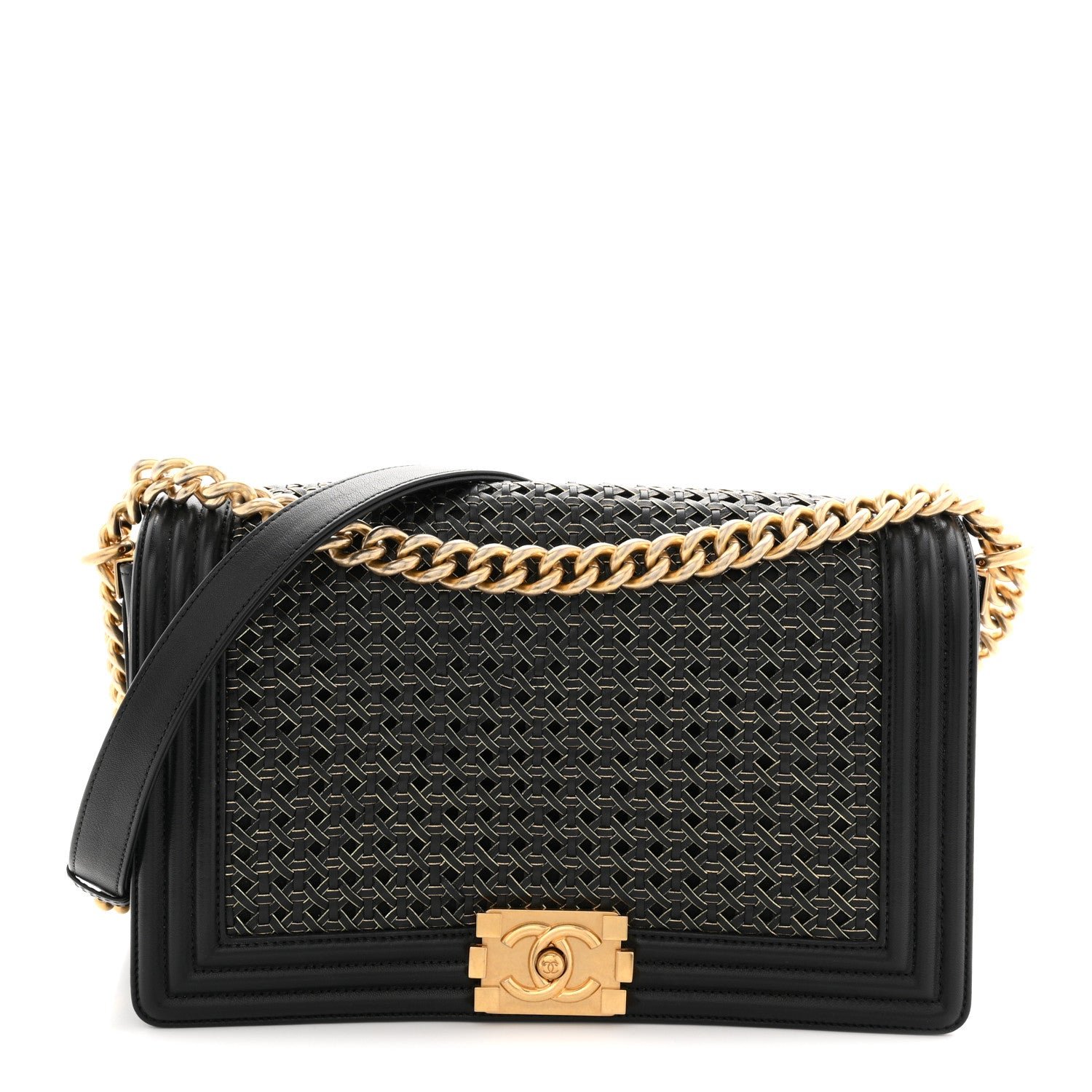 Chanel Lambskin Braided Woven Medium Boy Flap Navy Black