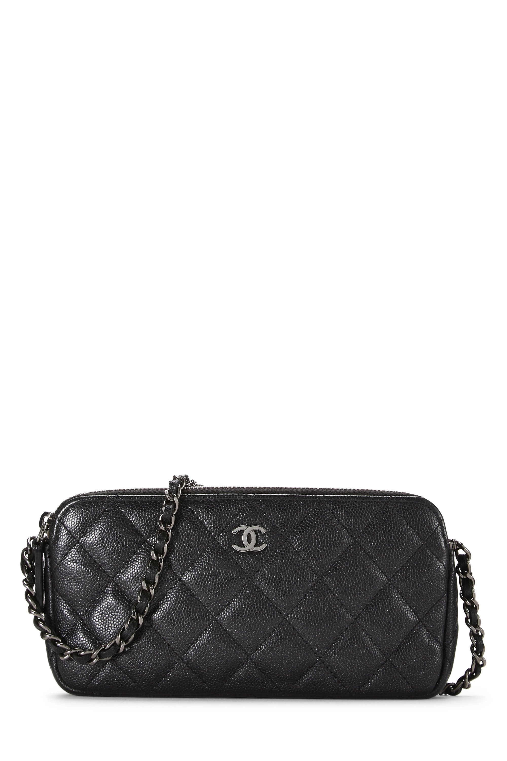 Black Quilted Caviar Double Zip Clutch