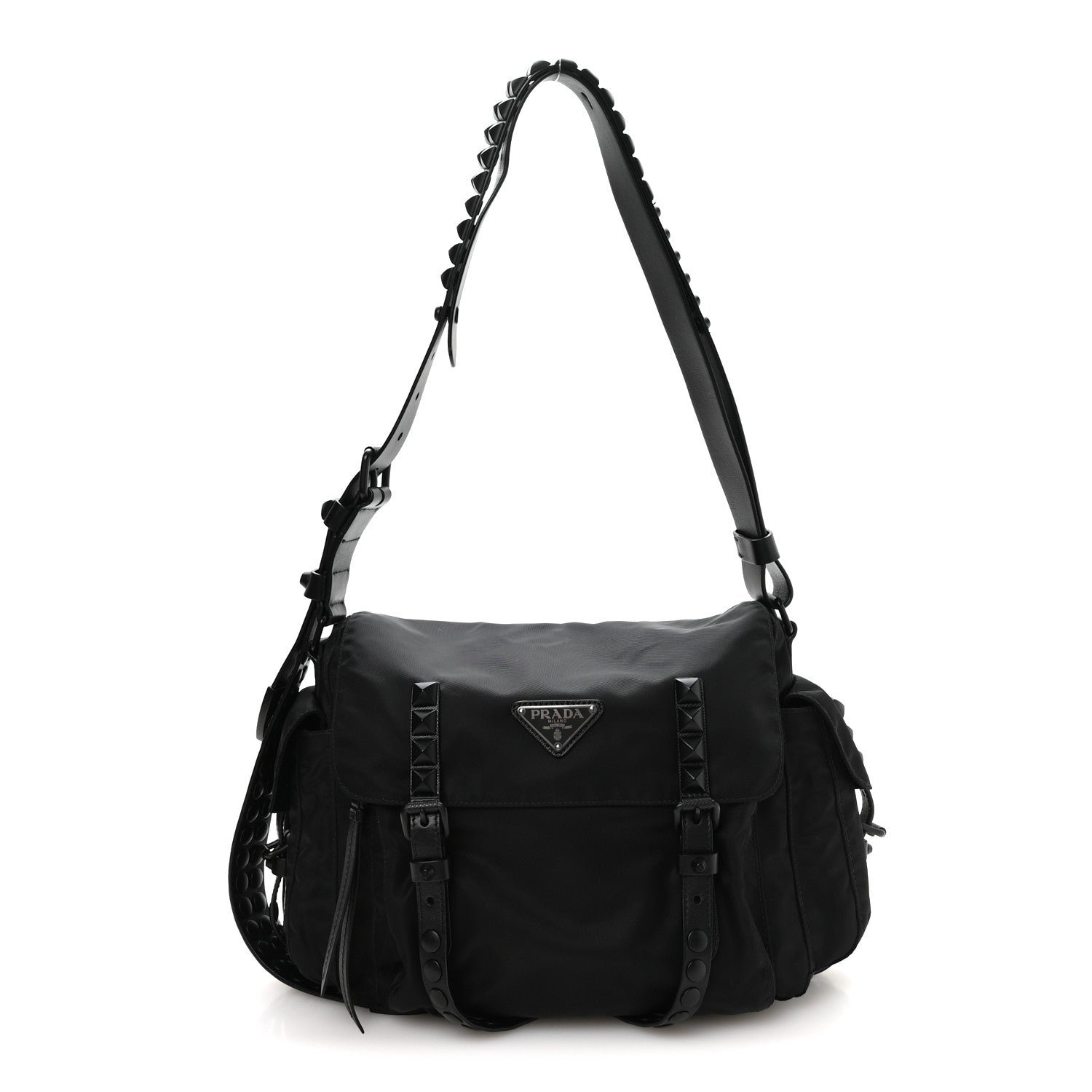 Prada Nylon New Vela Studded Messenger Bag Black