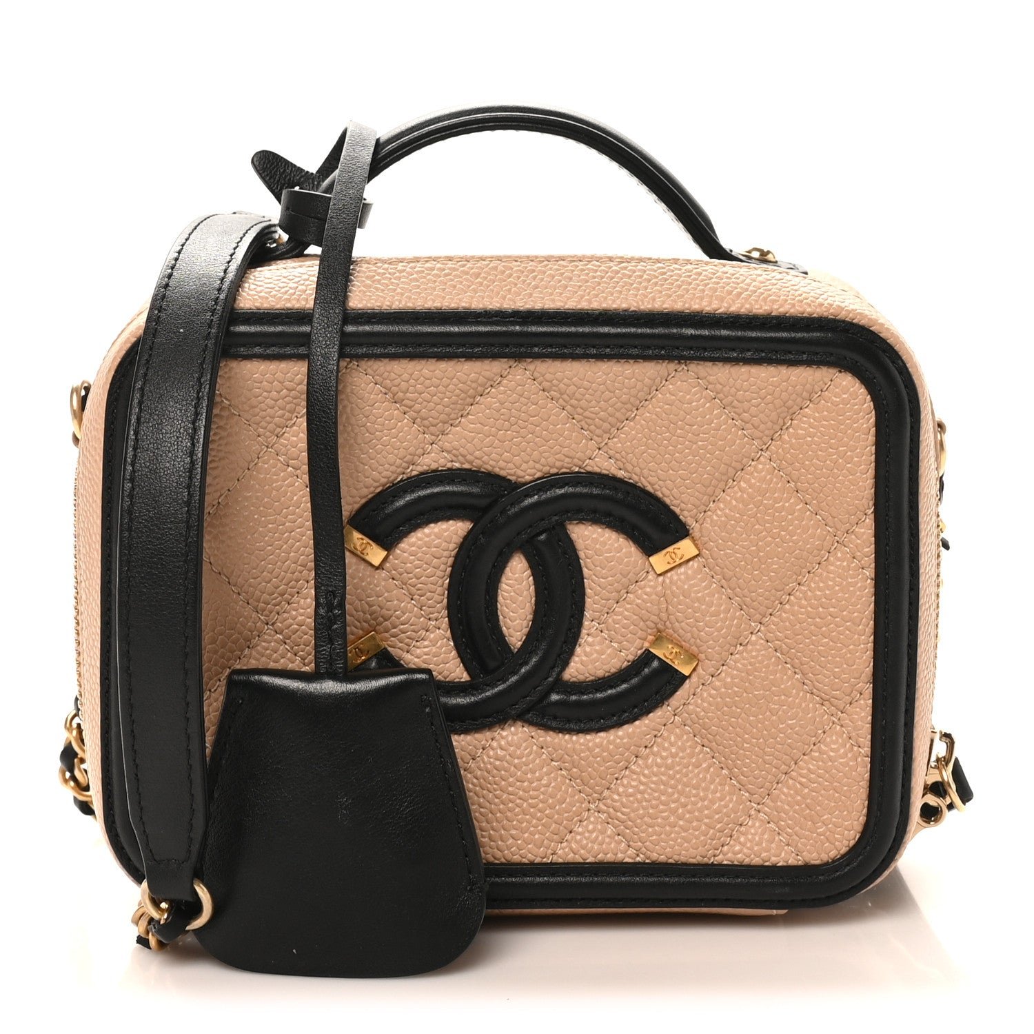 Chanel Caviar Quilted Small CC Filigree Vanity Case Beige Black