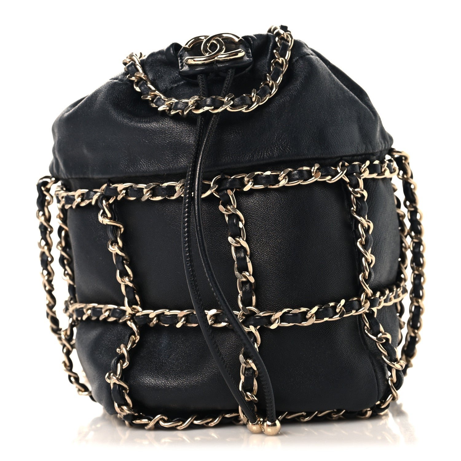 Chanel Lambskin Bucket Chain Drawstring Bag Black