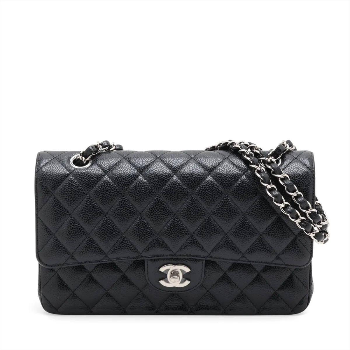 Chanel Matelasse 25 Caviar Skin Double Flap Double Chain Bag Black Silver Metal
