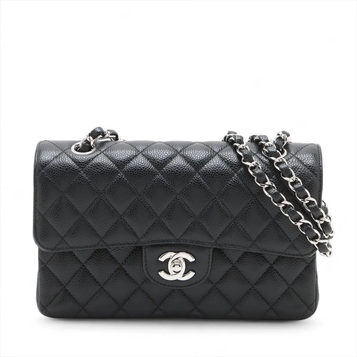 Chanel Matelasse 23 Small Caviar Skin Double Flap Double Chain Bag Black Silver