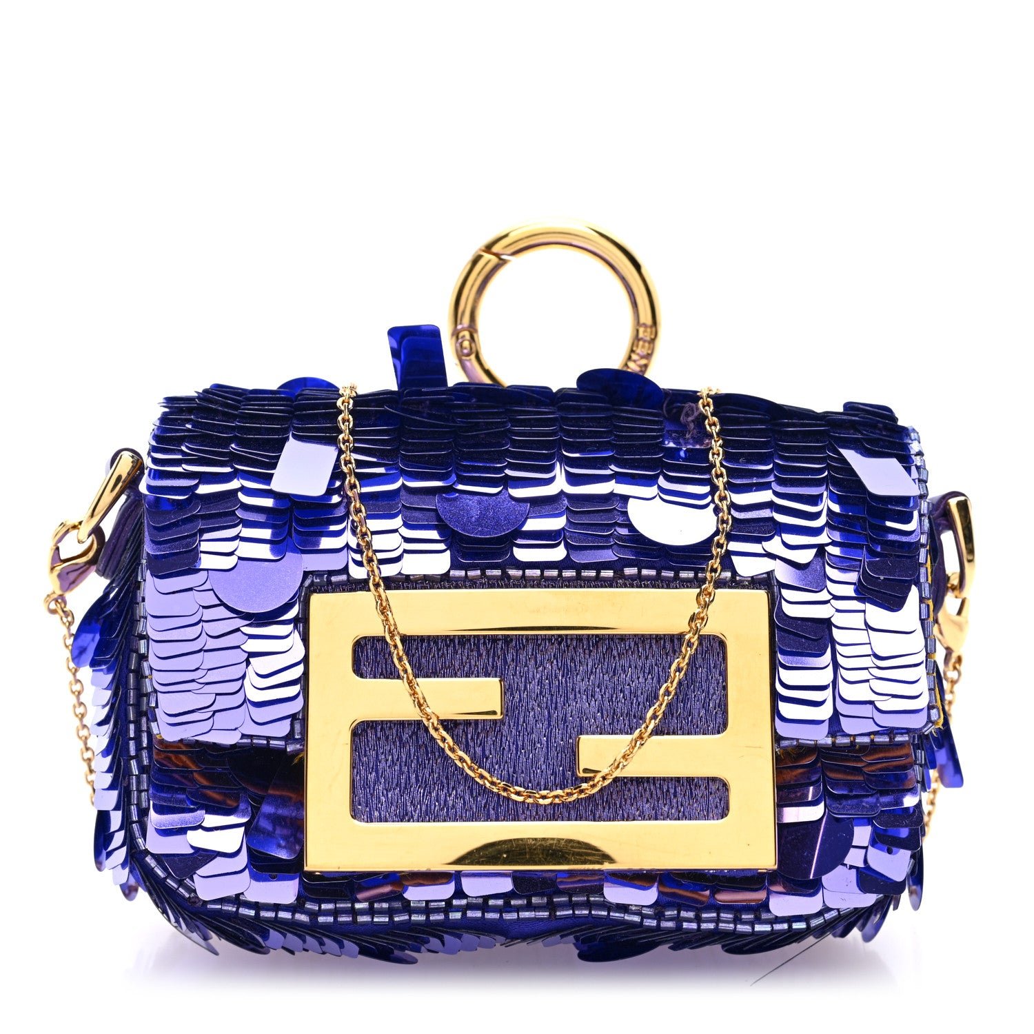 Fendi Sequin Paillettes Shiny Nappa Sex and the City Nano Maxi Buckle Baguette Charm Viola Purple