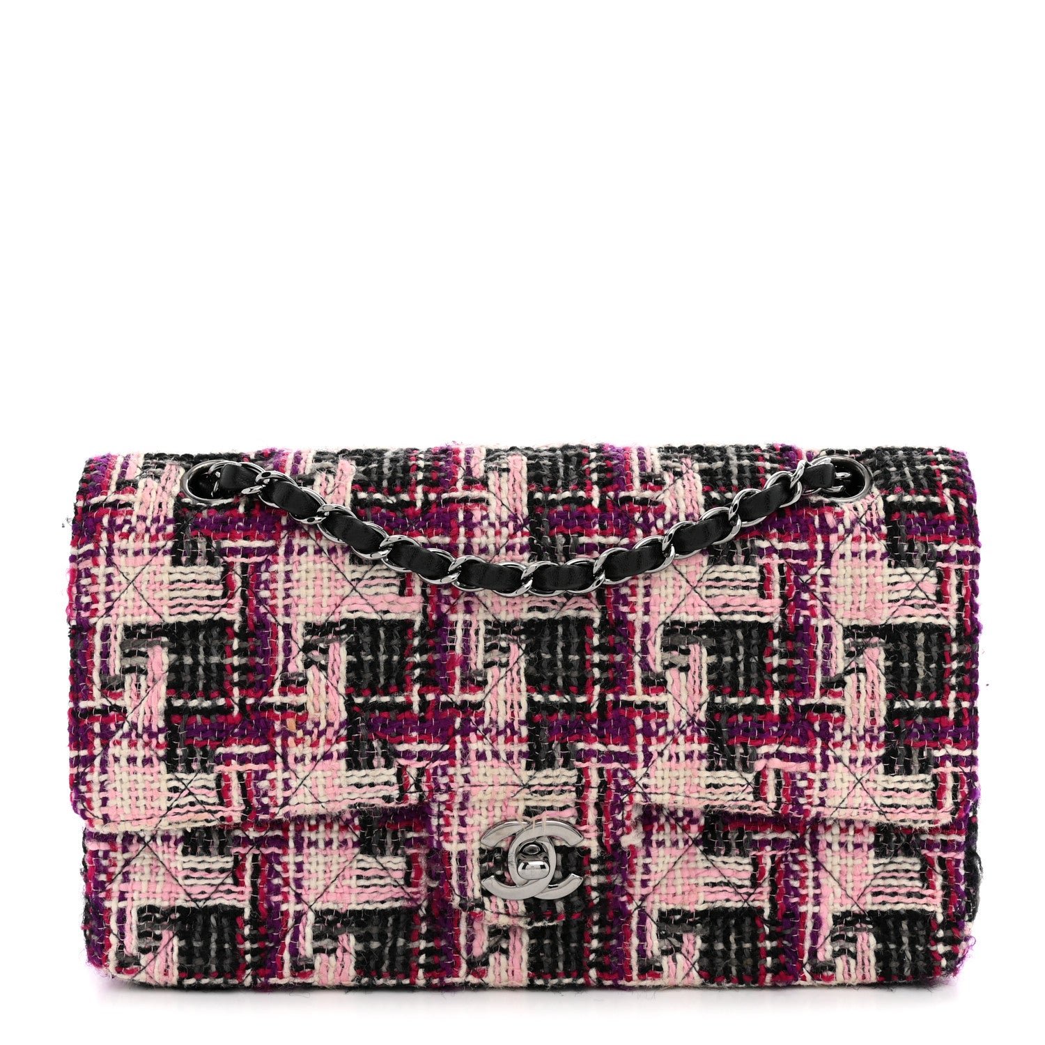 Chanel Tweed Quilted Medium Double Flap Pink Black