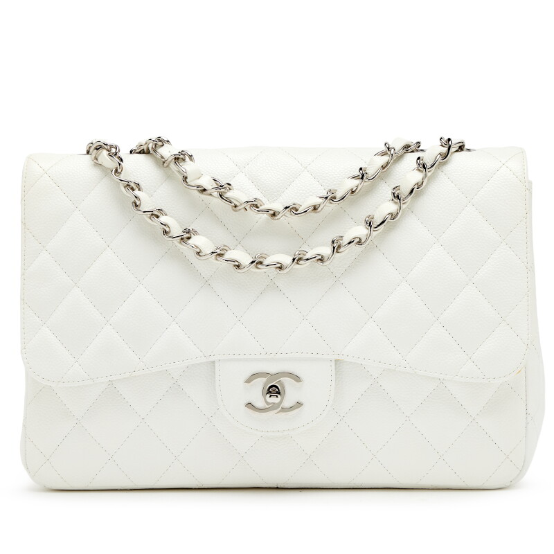 White Quilted Caviar Jumbo Classic Single Flap Bag Silver Hardware, 2006-2008