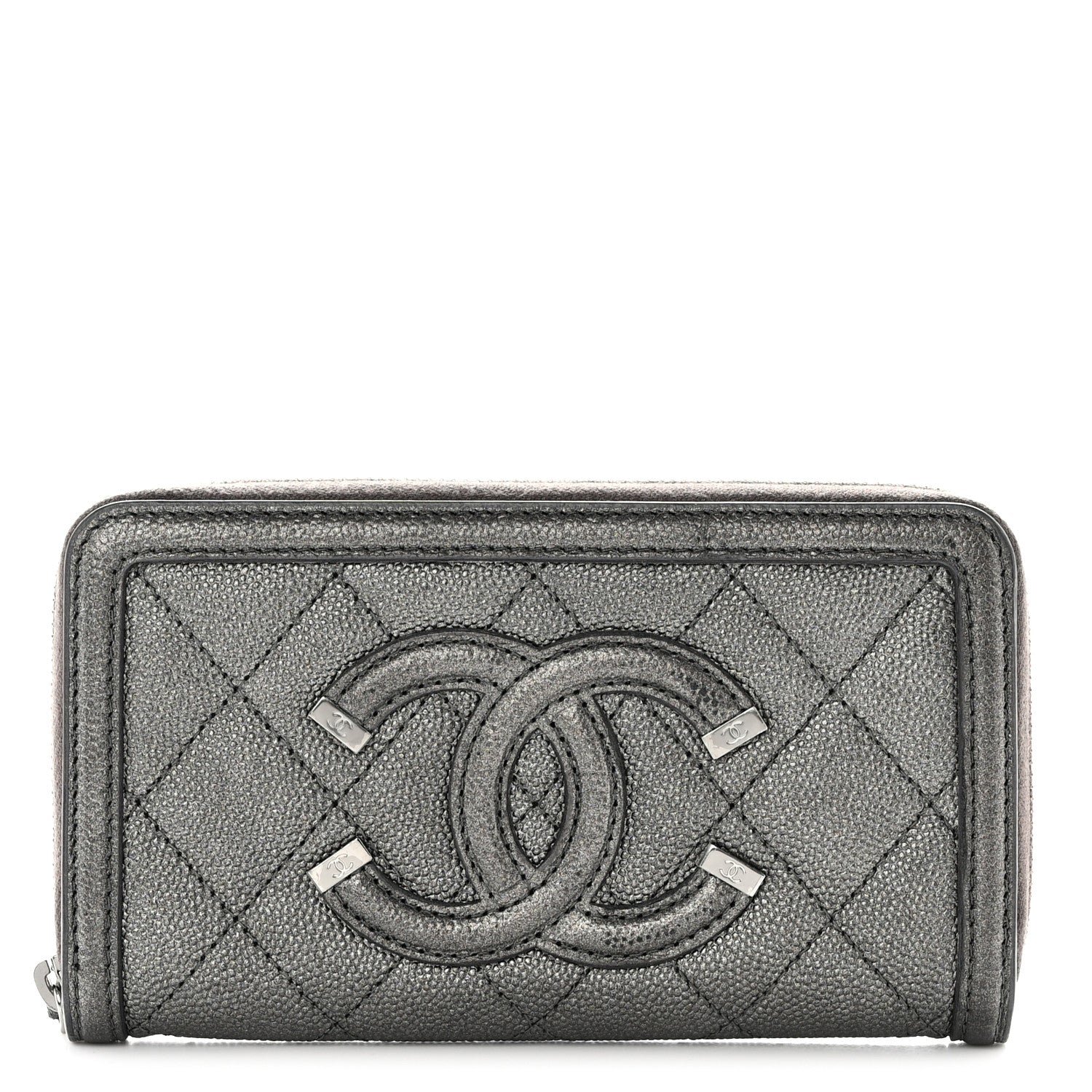 Chanel Caviar Quilted Medium Filigree Zip Around Wallet Dark Silver