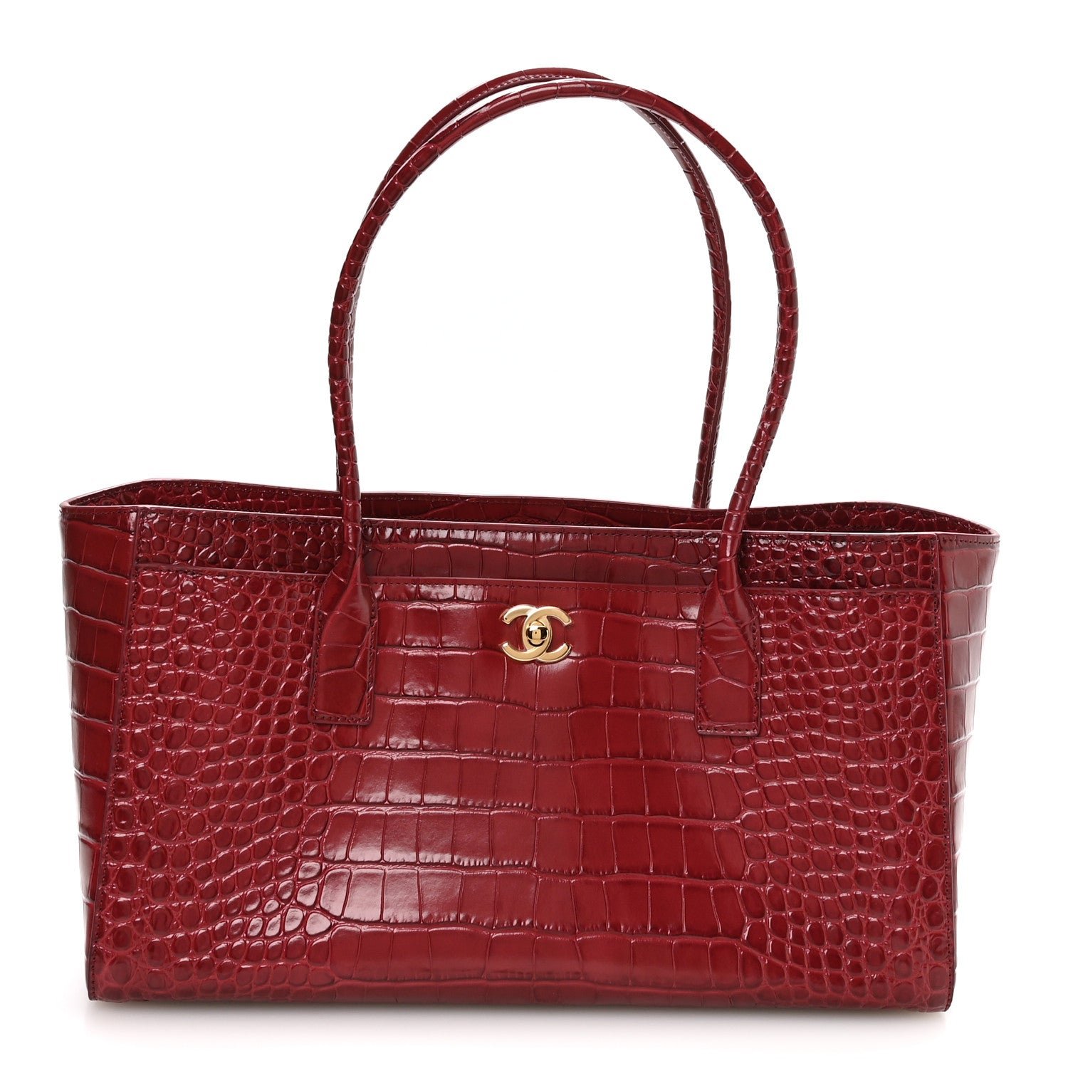 Chanel Calfskin Crocodile Embossed Archetype Small Shopping Tote Burgundy