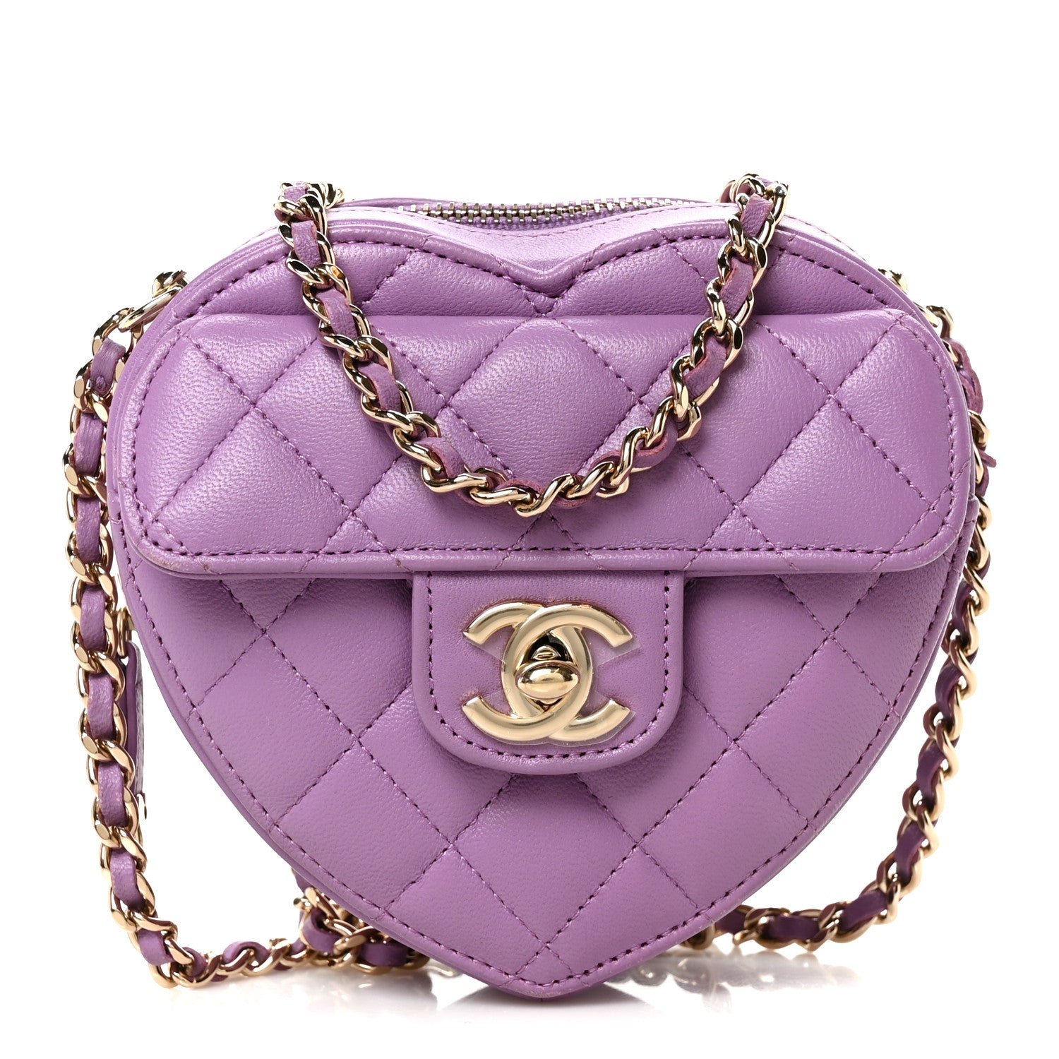 Chanel Lambskin Quilted CC In Love Heart Clutch With Chain Purple
