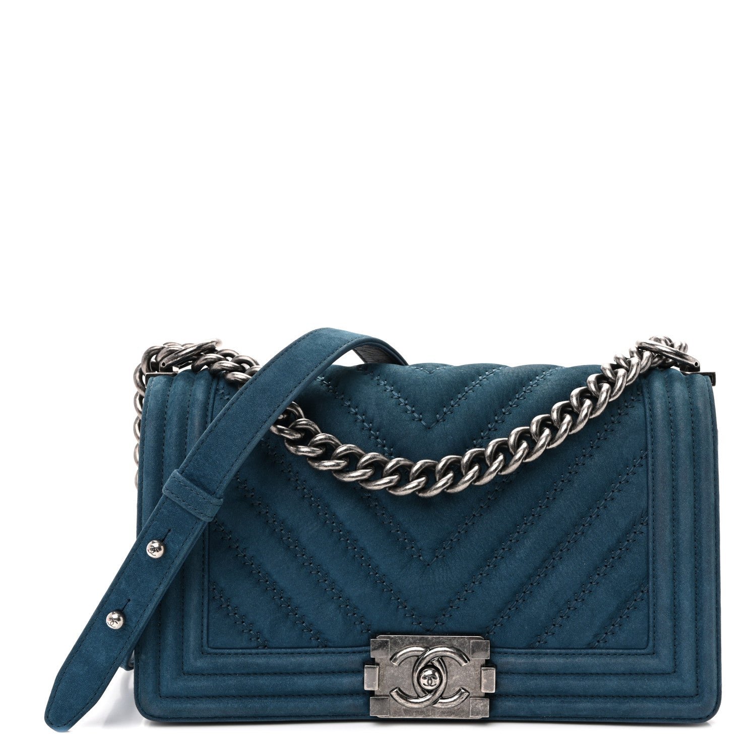 Chanel Nubuck Chevron Quilted Medium Boy Flap Blue