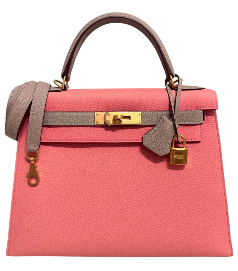 Hermes Rose Lipstick and Gris Tourterelle Togo HSS Sellier Kelly 28 Brushed Gold Hardware, 2017