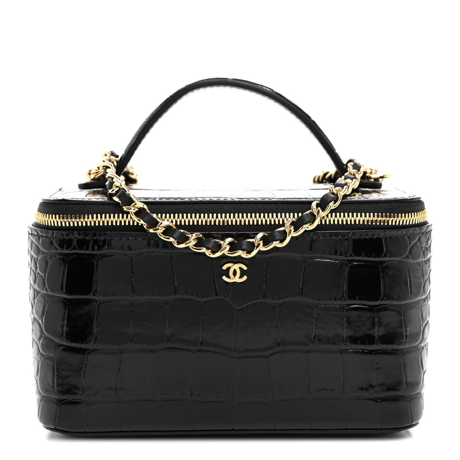 Chanel Calfskin Crocodile Embossed Exoticoco Small Top Handle Vanity Case With Chain Black Black