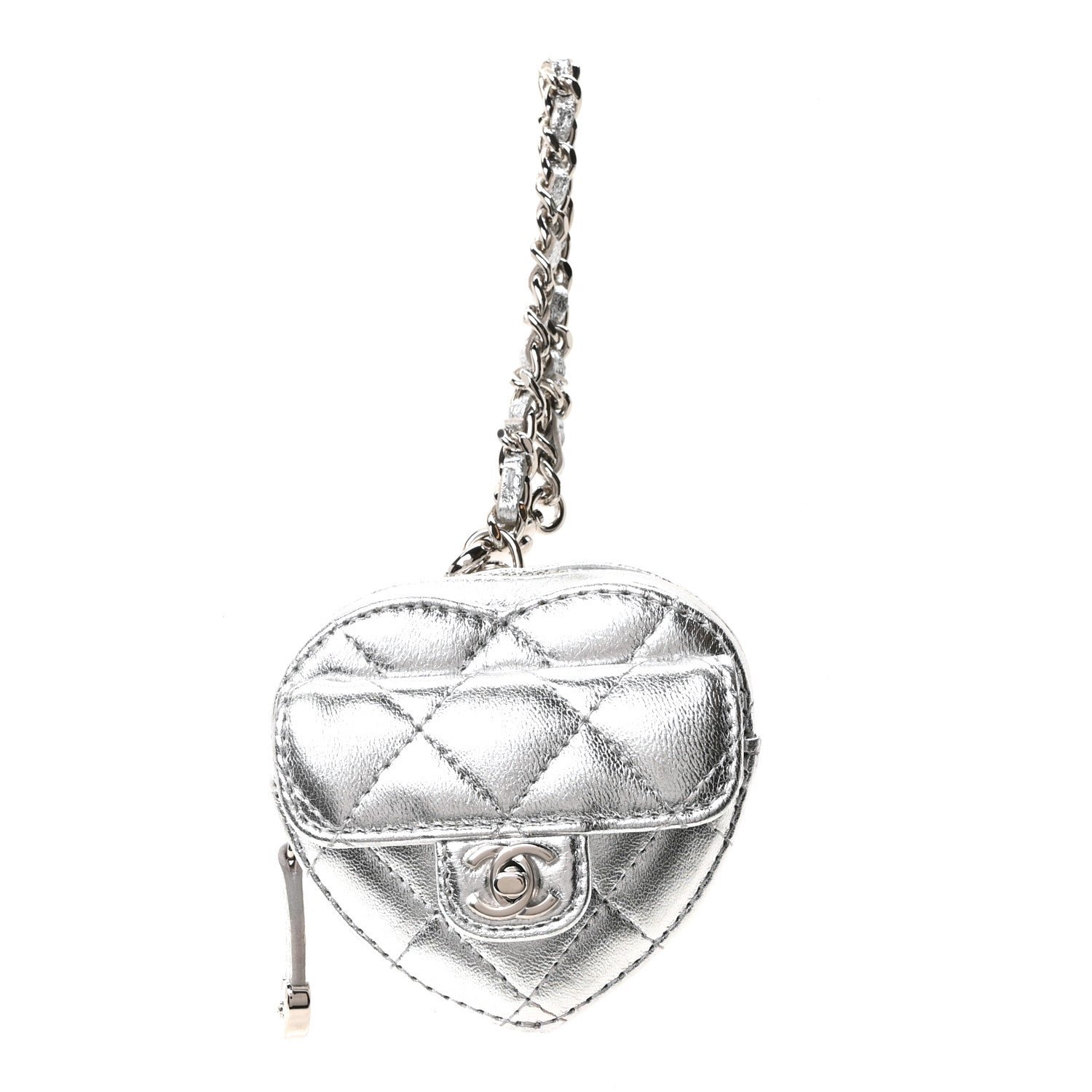 Chanel Metallic Lambskin Quilted CC Mini In Love Heart Bag Charm Silver