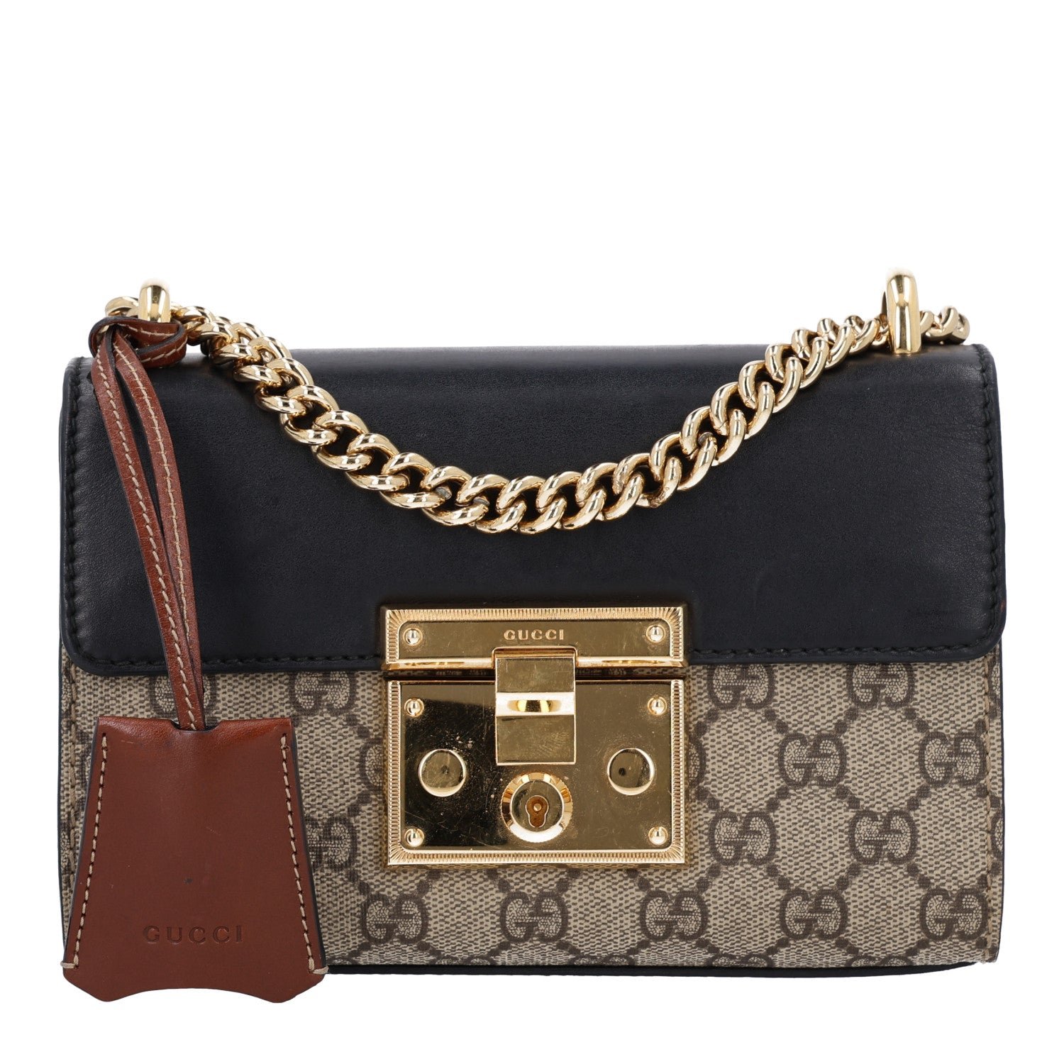 Gucci GG Supreme Monogram Calfskin Small Padlock Shoulder Bag Beige Black Cuir