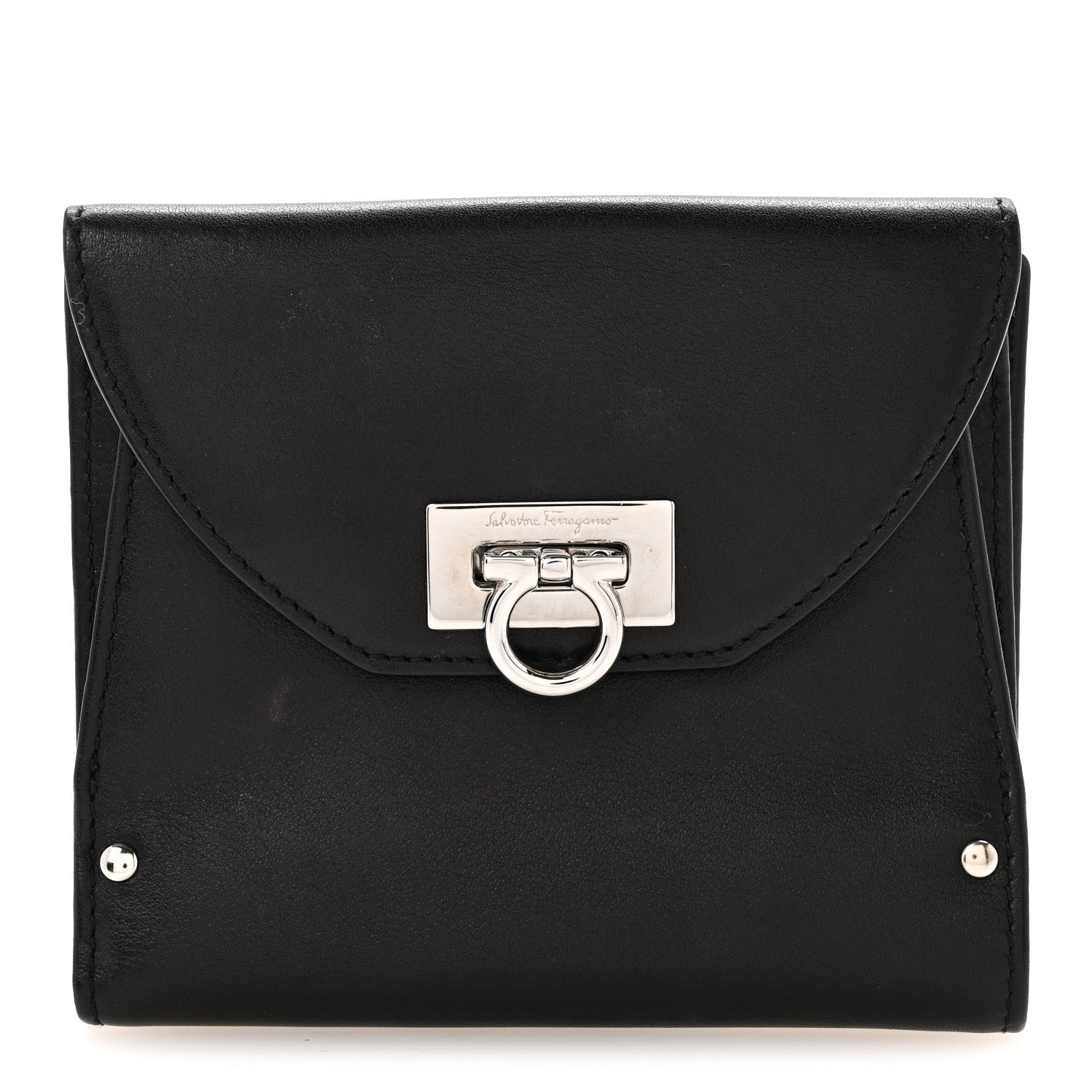 Salvatore Ferragamo Salvatore Ferragamo Calfskin Gancini French Wallet Black