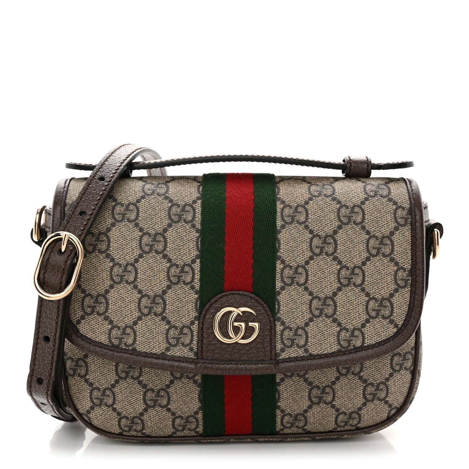 Gucci GG Supreme Monogram Textured Dollar Calfskin Small Ophidia Top Handle Shoulder Bag Beige Brown