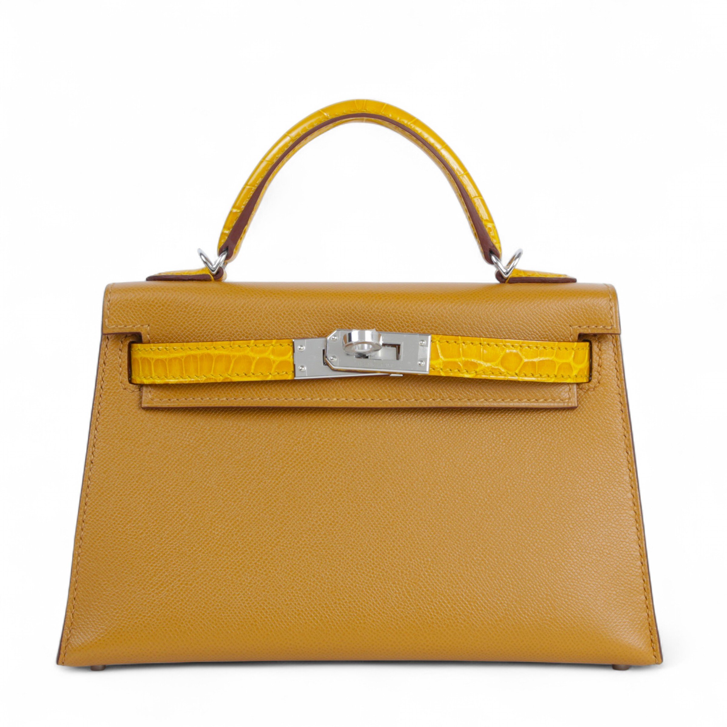 Hermes Brand New ( Rank N ) HERMÈS Mini Kelly II Jaune Ambre (9D) Sesame (2S) Madame Alligator Palladium hardware K (2025)