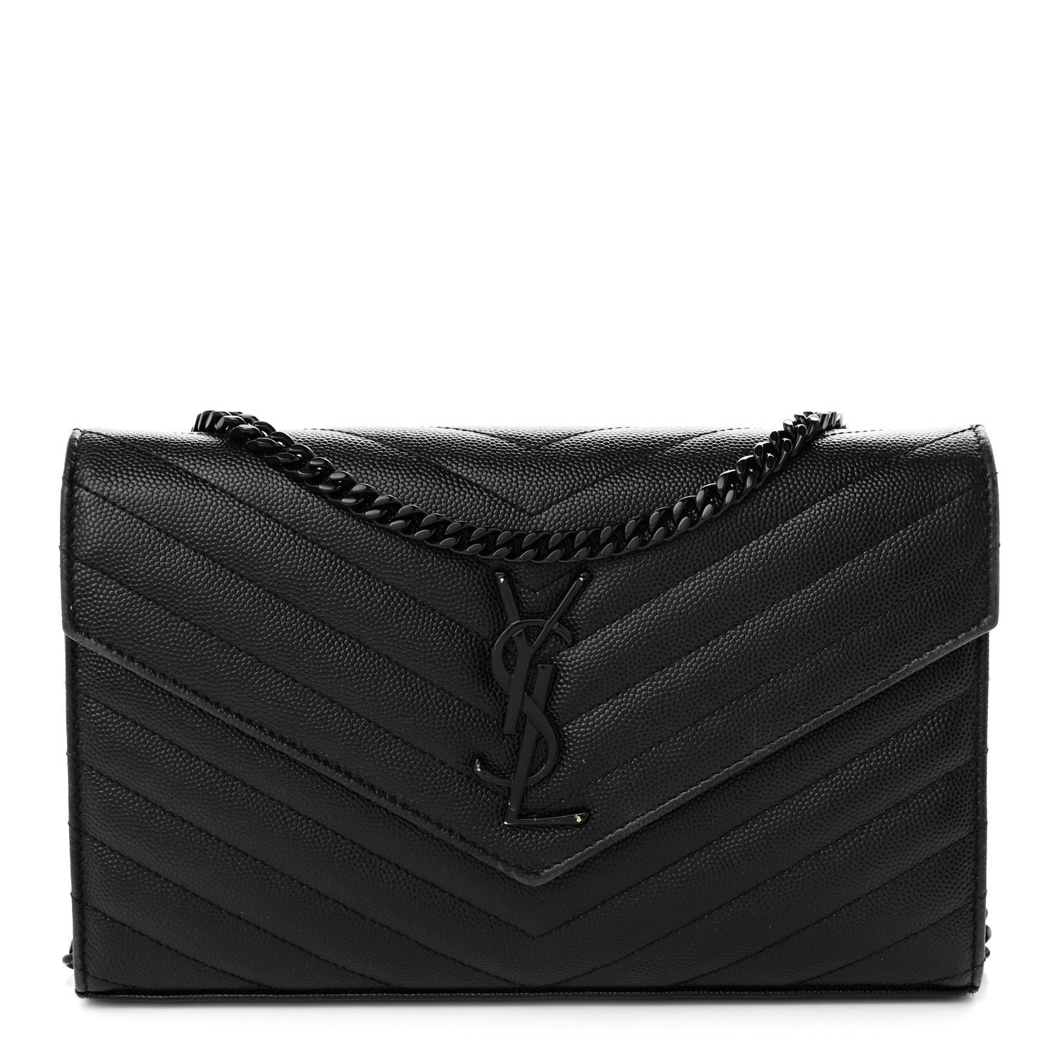 Saint Laurent Grain De Poudre Matelasse Chevron Monogram Monochrome Envelope Chain Wallet Black