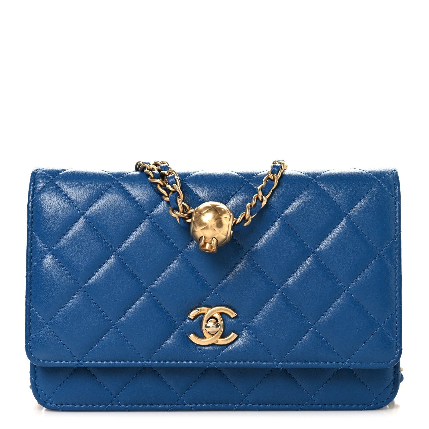 Chanel Lambskin Quilted CC Pearl Crush Wallet on Chain WOC Blue