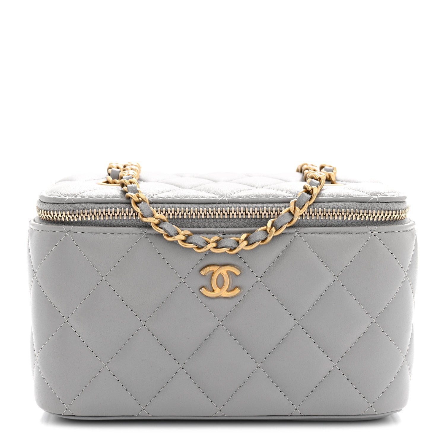Lambskin Quilted Small Pearl Crush Vanity Case With Chain Grey