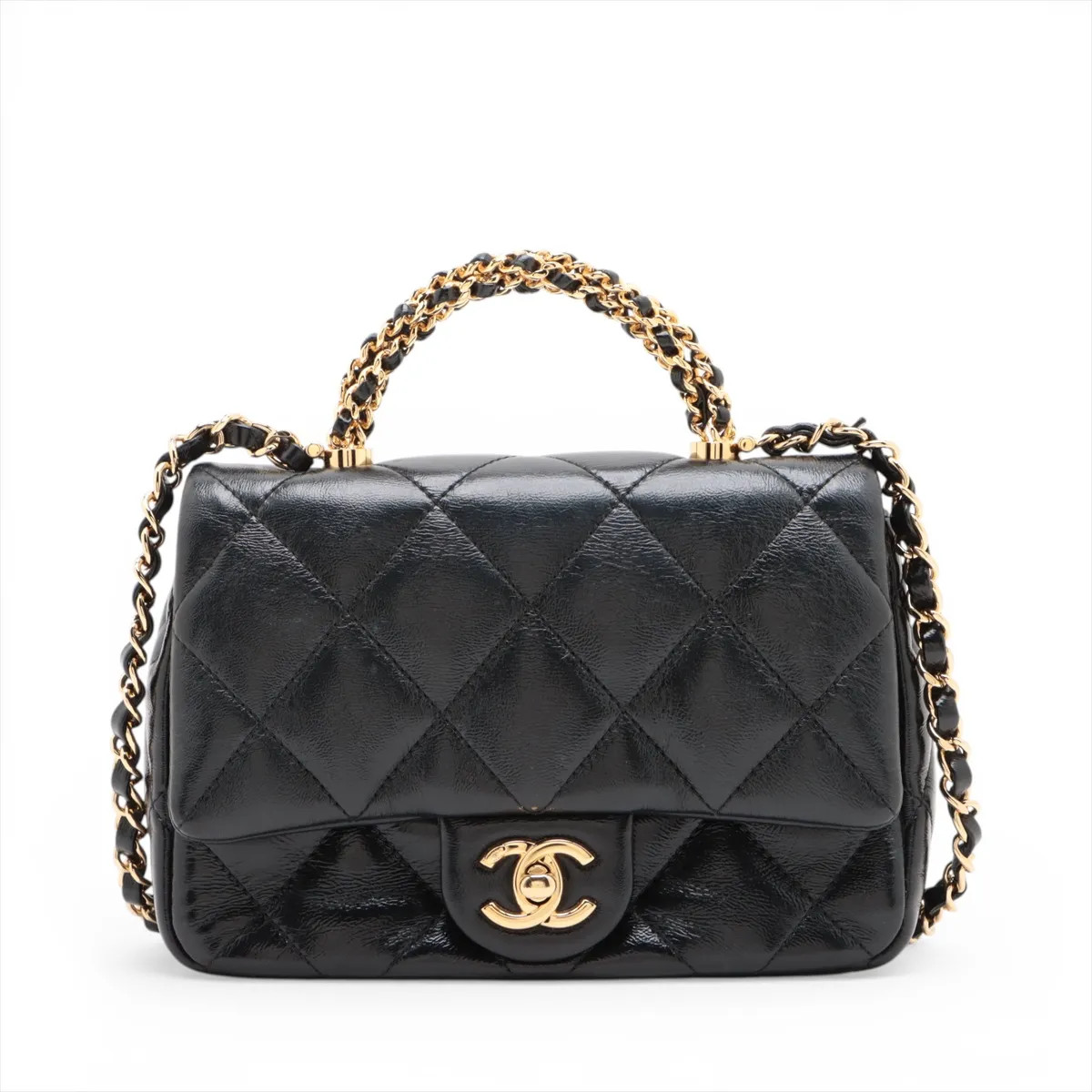 Chanel Matelasse shiny lambskin 2 Way Shoulder Bag Top Handle Black Gold Metal F