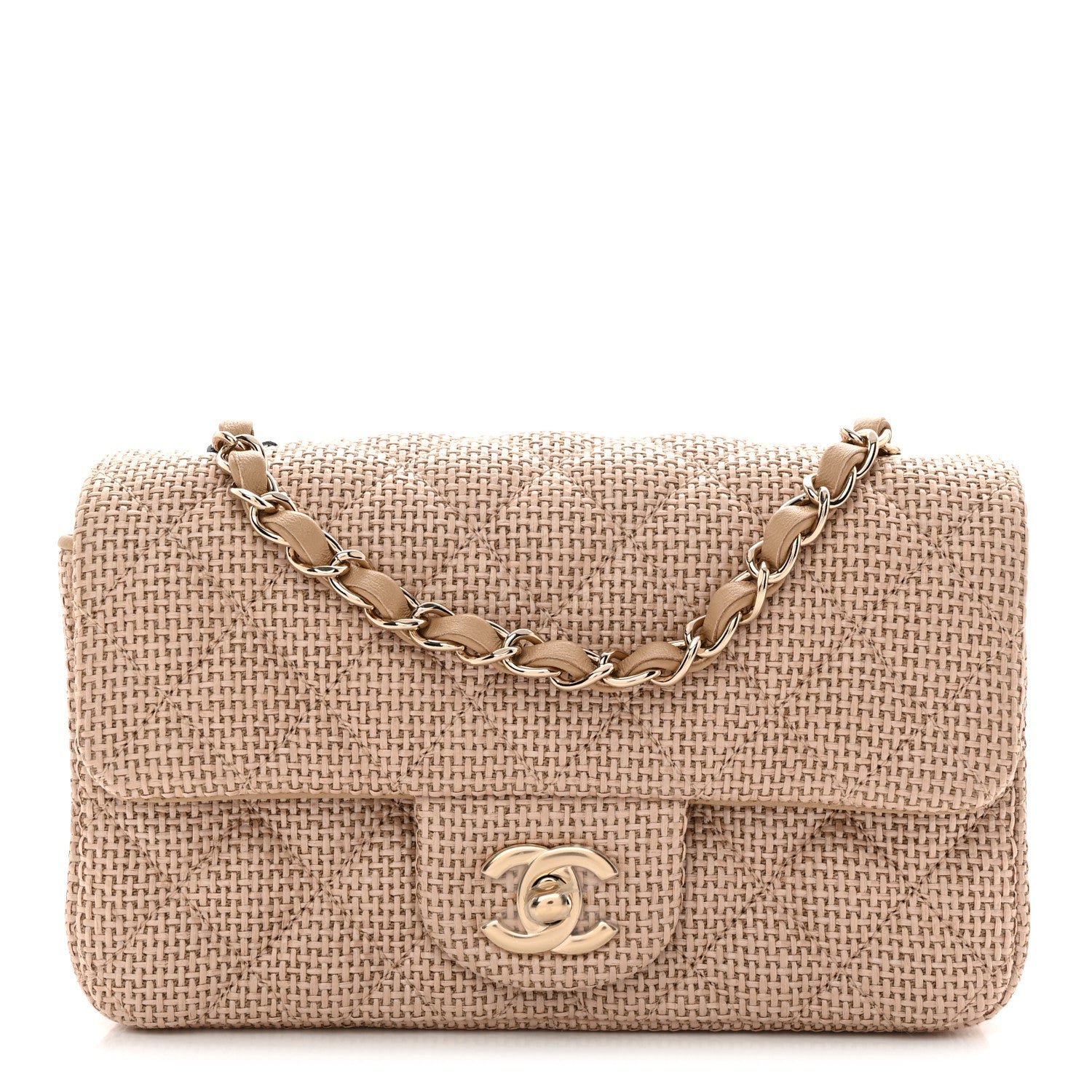 Chanel Braided Raffia Quilted Mini Rectangular Flap Dark Beige