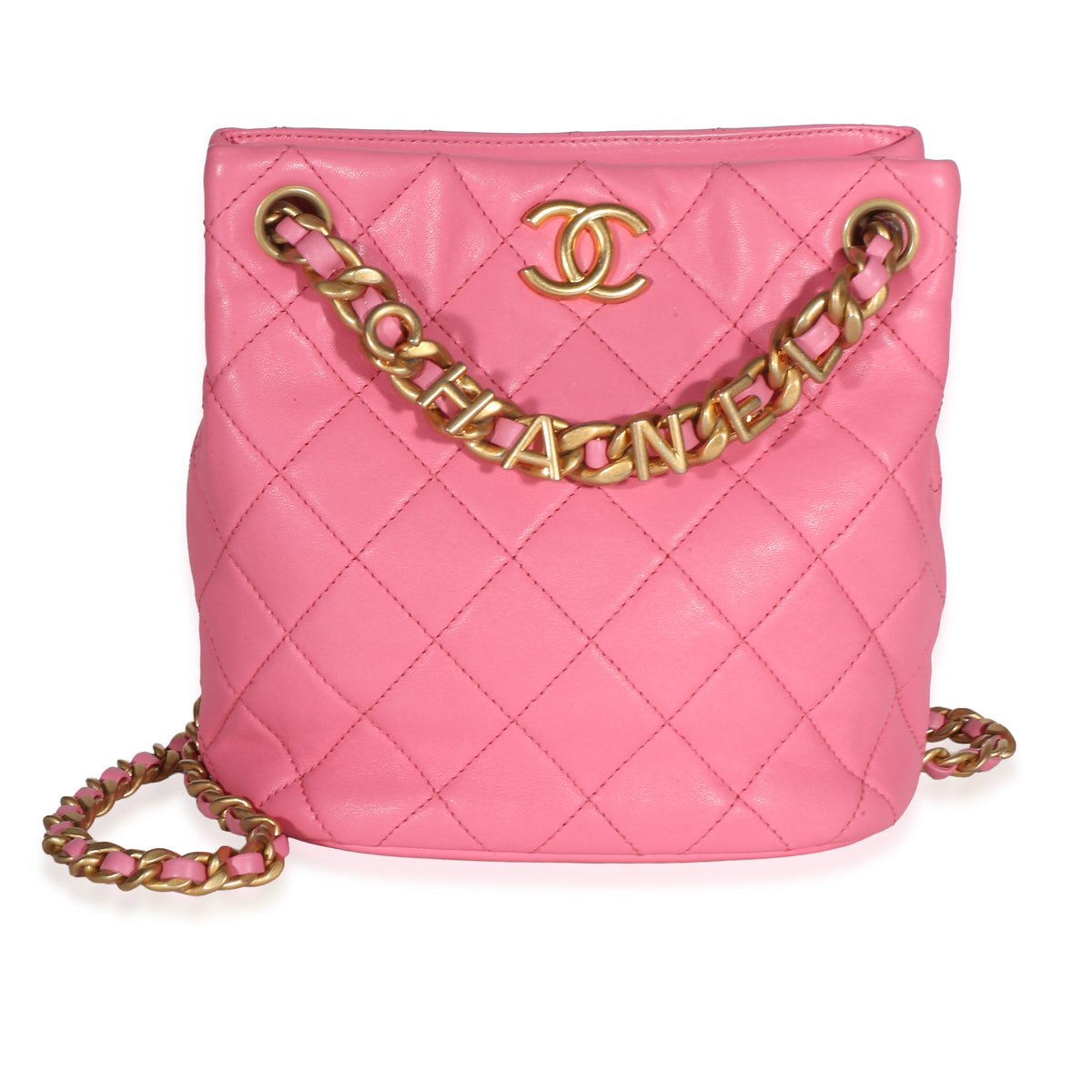 Pink Quilted Lambskin Logo Chain Bucket Bag