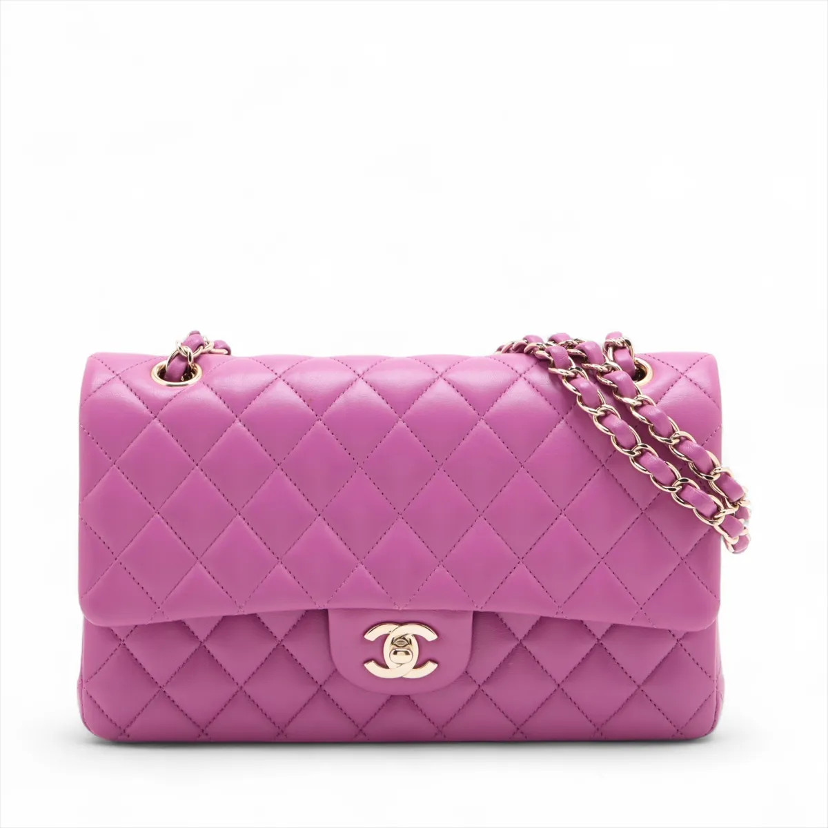 Chanel Matelasse 25 Lambskin Double Flap Double Chain Bag Purple Gold Metal Fitt