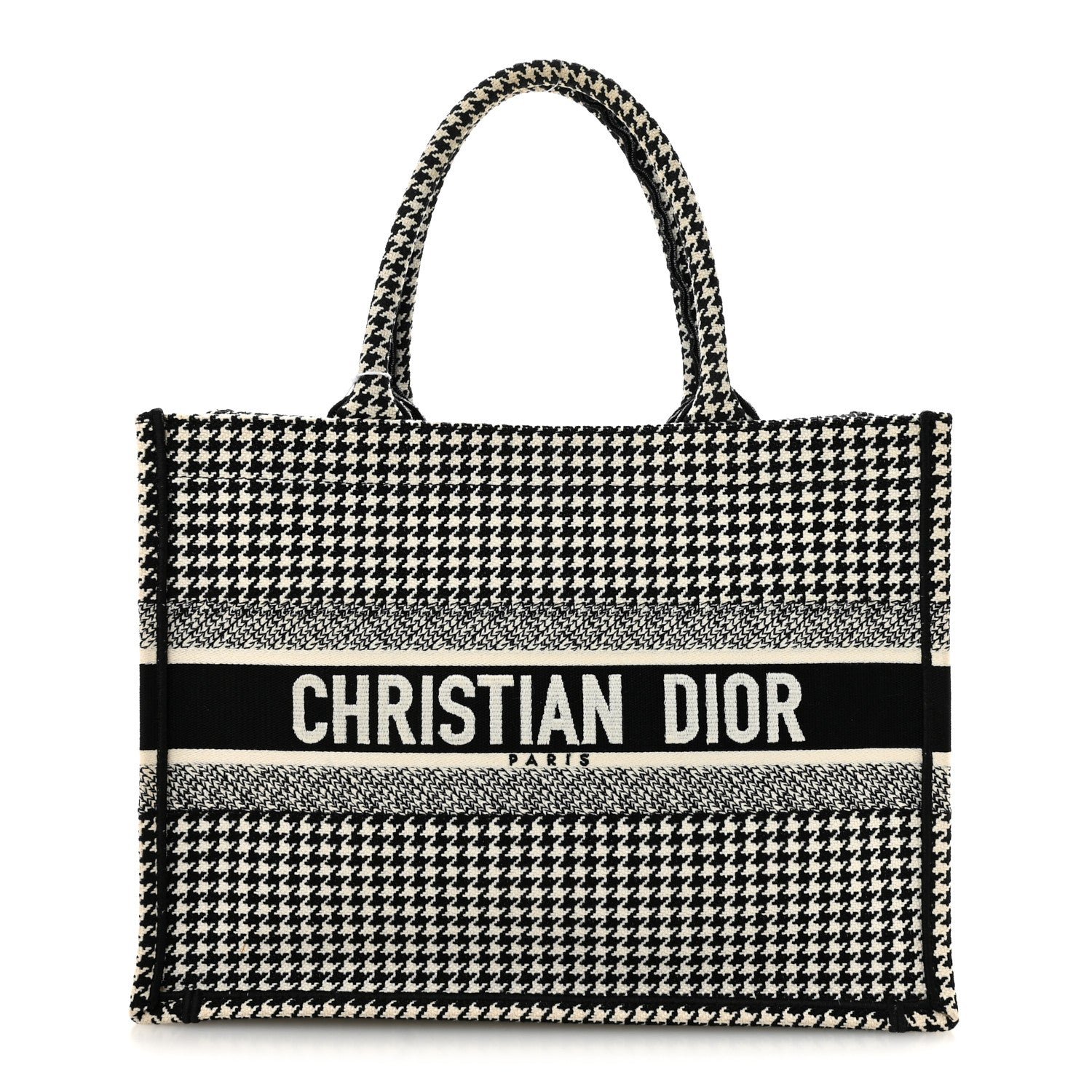 Christian Dior Canvas Houndstooth Embroidered Medium Book Tote Black White