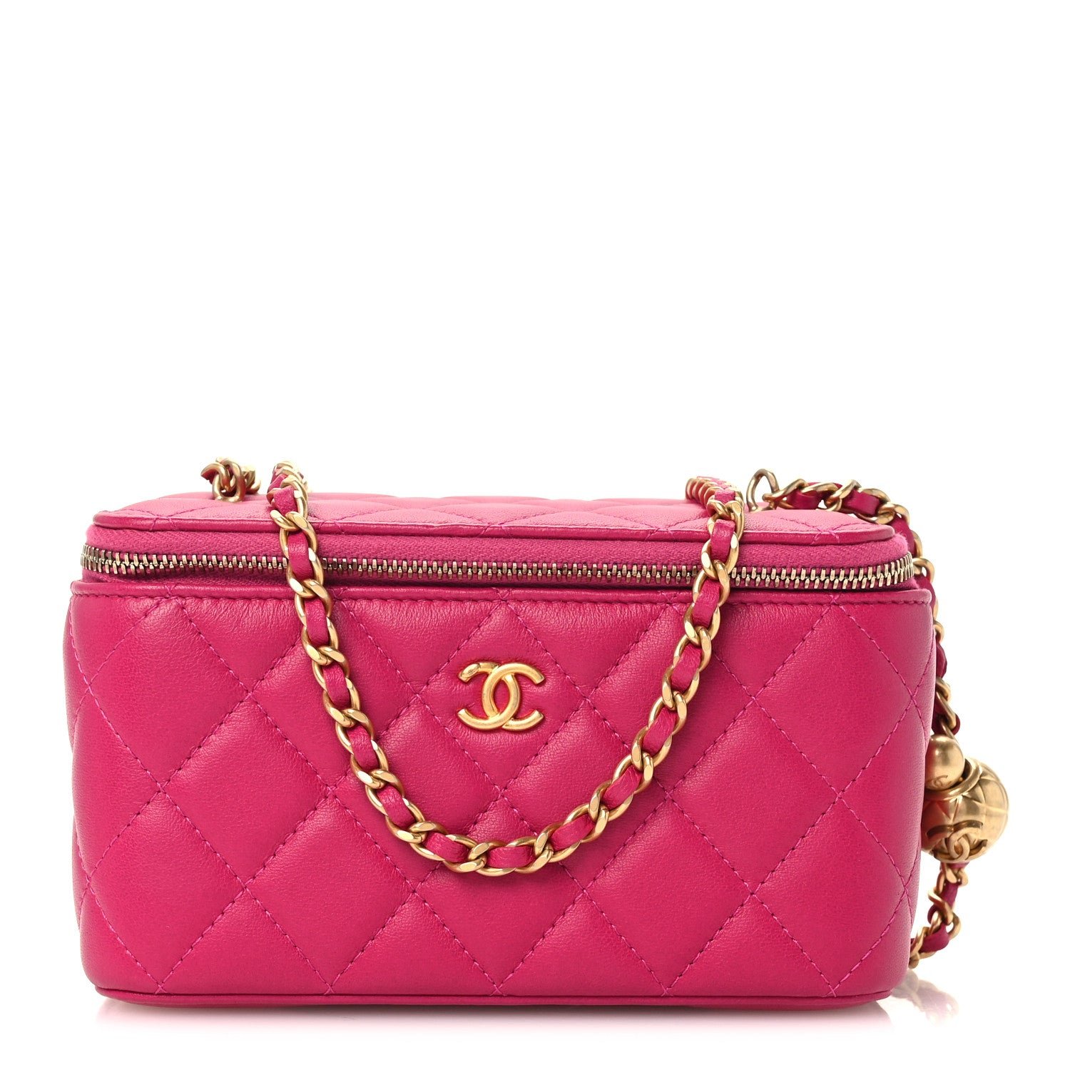 Chanel Lambskin Quilted Small Pearl Crush Vanity Case With Chain Fuchsia