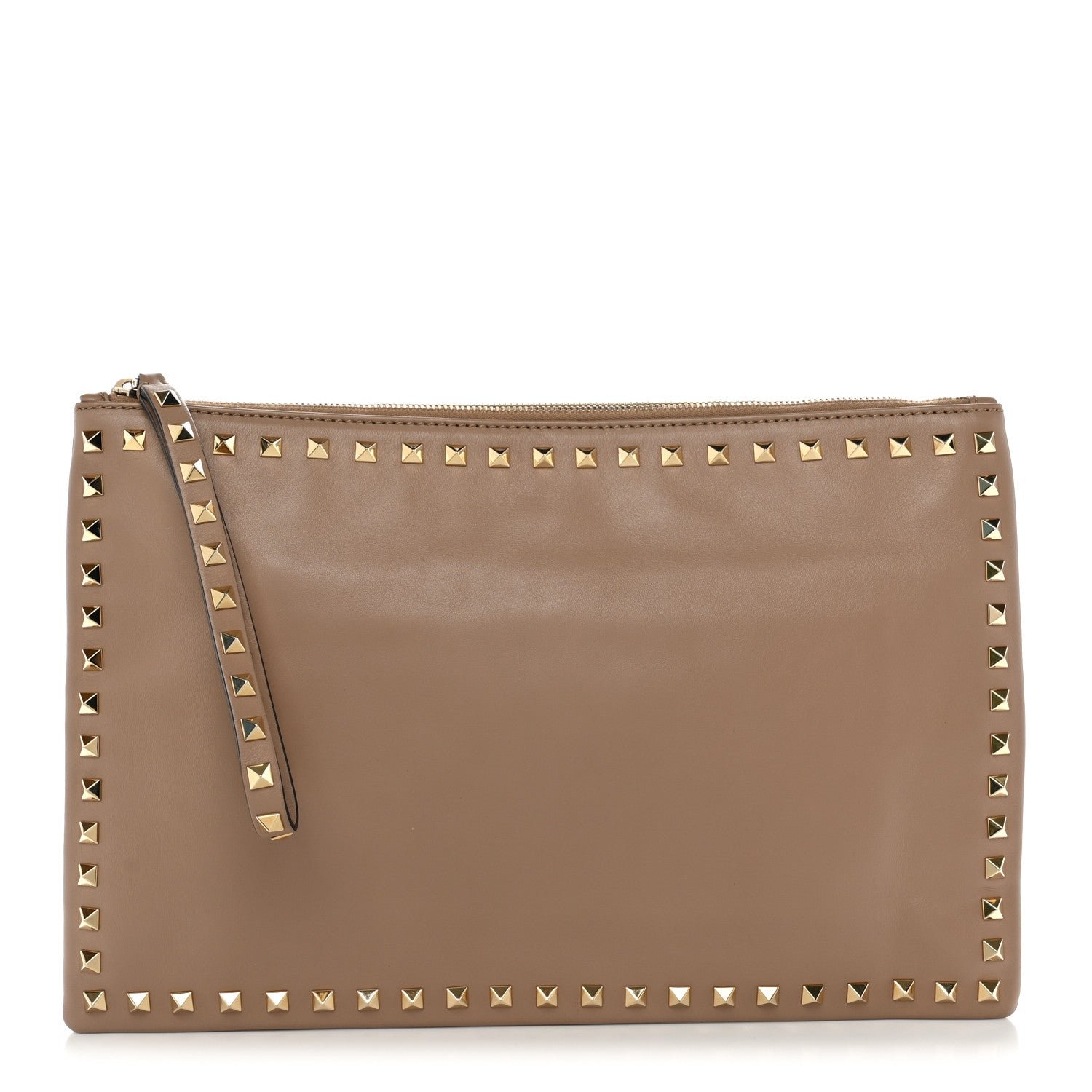 Valentino Garavani Vitello Large Rockstud Zip Wristlet Pouch Alpaca