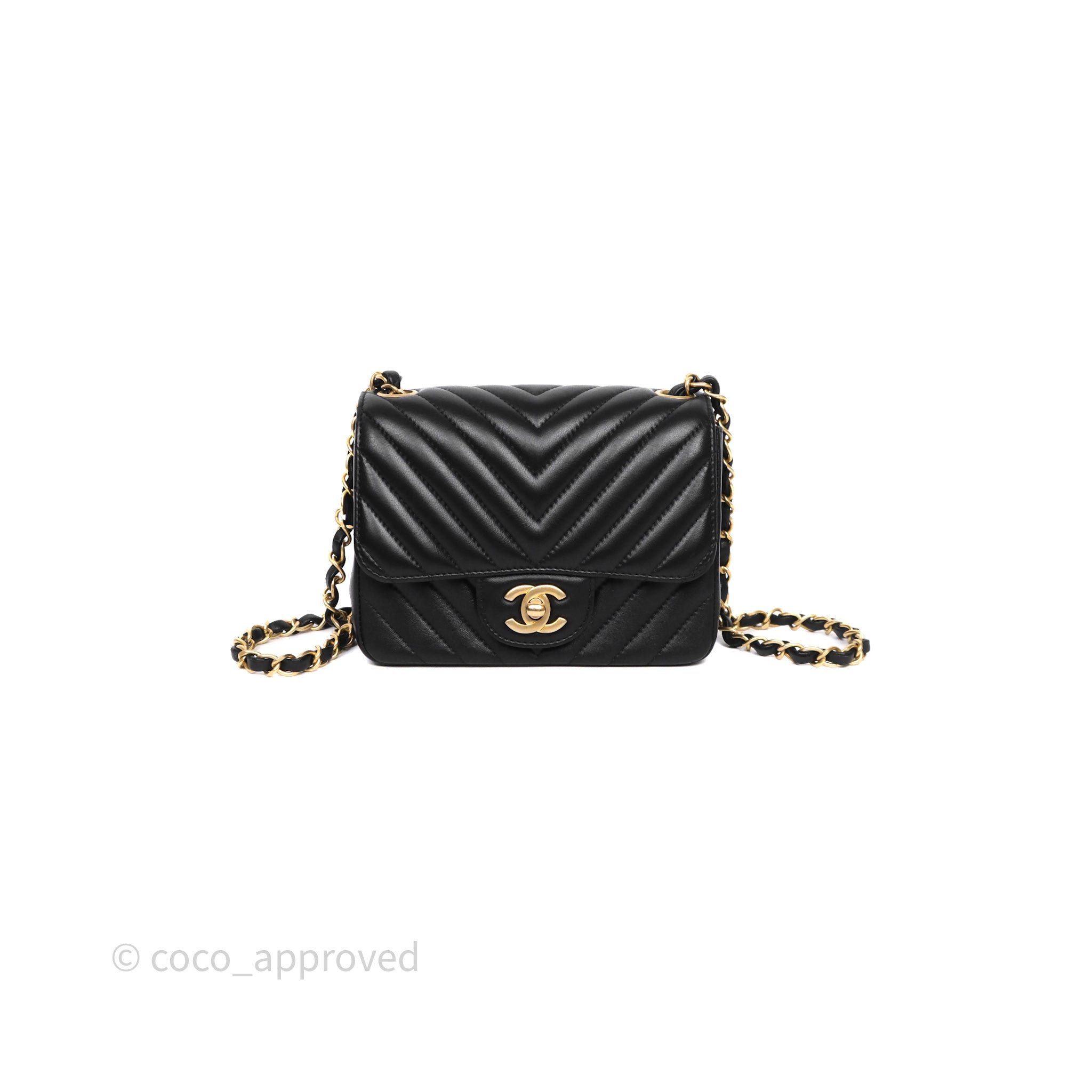 Chanel Mini Square Flap Chevron Black Lambskin Aged Gold Hardware
