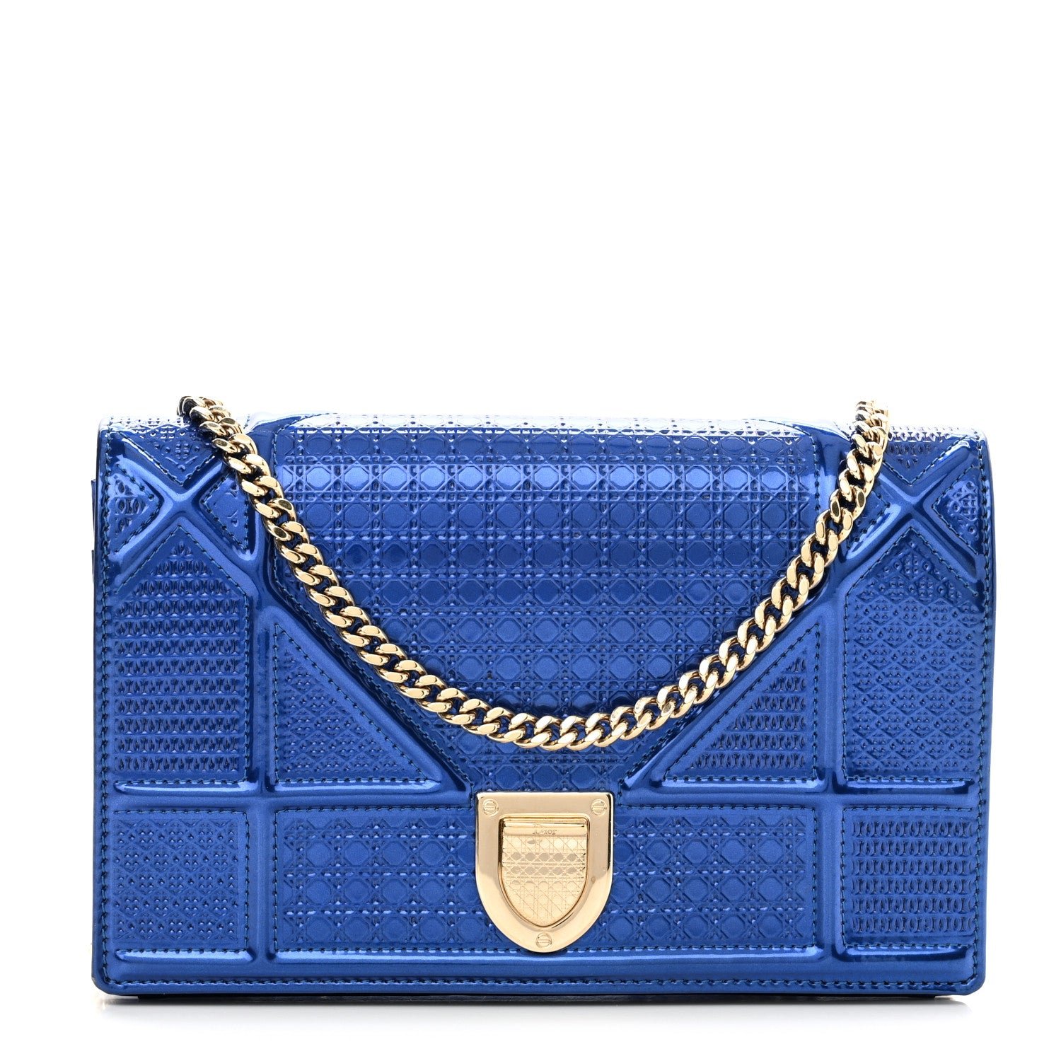 Dior Metallic Patent Micro-Cannage Diorama Wallet on Chain Pouch Mirror Blue