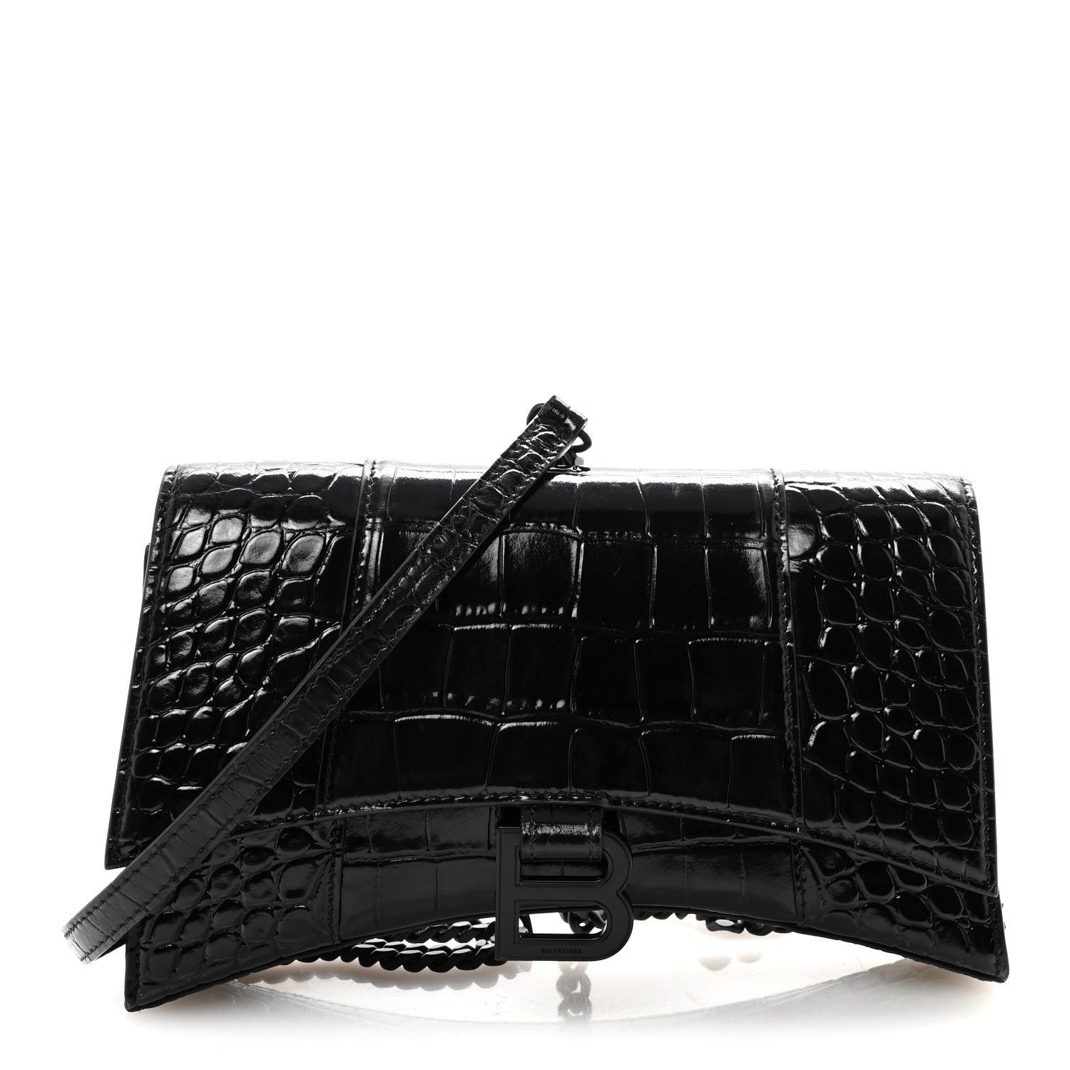 Balenciaga Shiny Calfskin Monochrome Crocodile Embossed Small Hourglass Evening Chain Bag Black