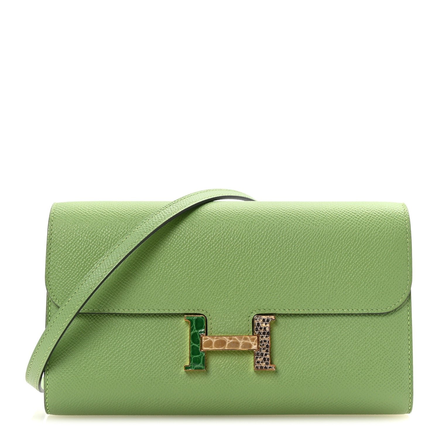 Hermes Epsom Alligator Lizard Constance Wallet To Go Vert Criquet Cactus Beige Sable Ombre