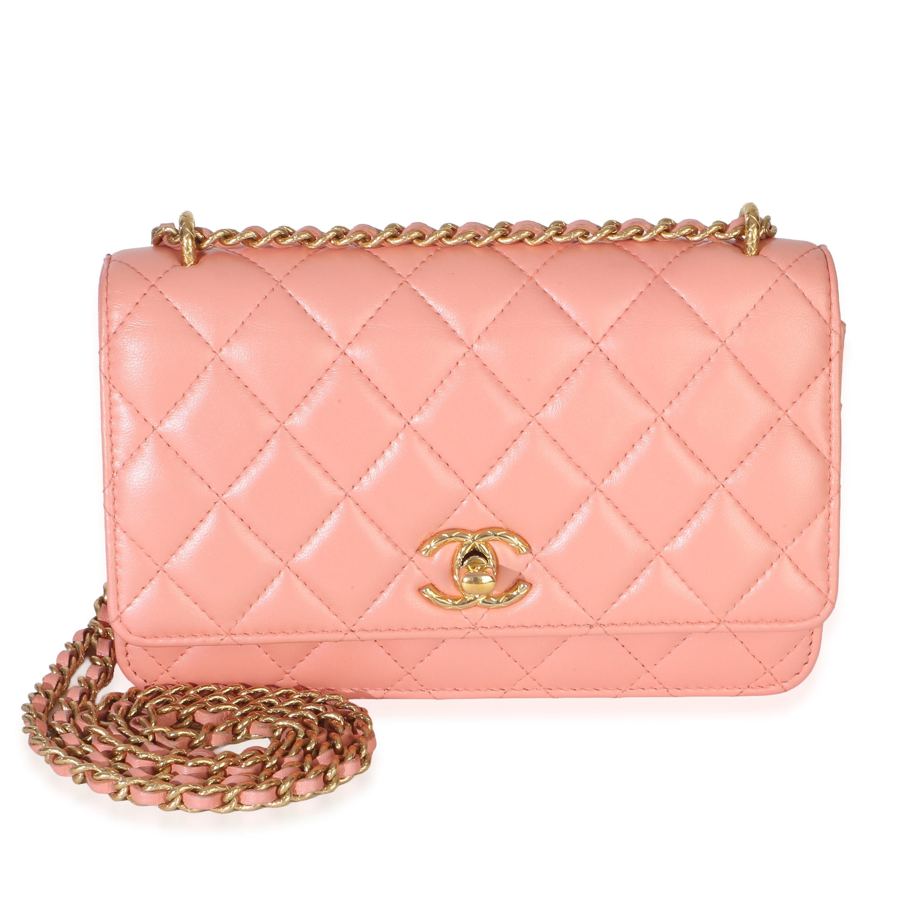Iridescent Pink Quilted Lambskin CC Wallet On Chain