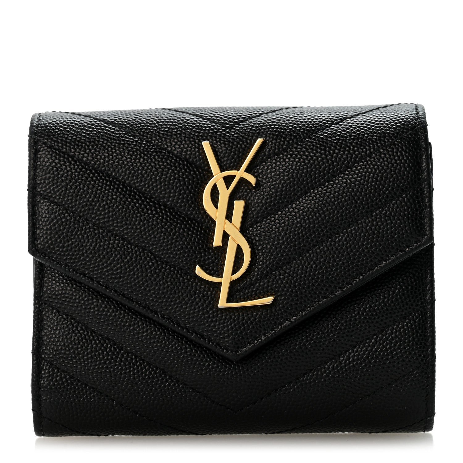 Saint Laurent Grain De Poudre Matelasse Chevron Monogram Compact Tri Fold Wallet Black