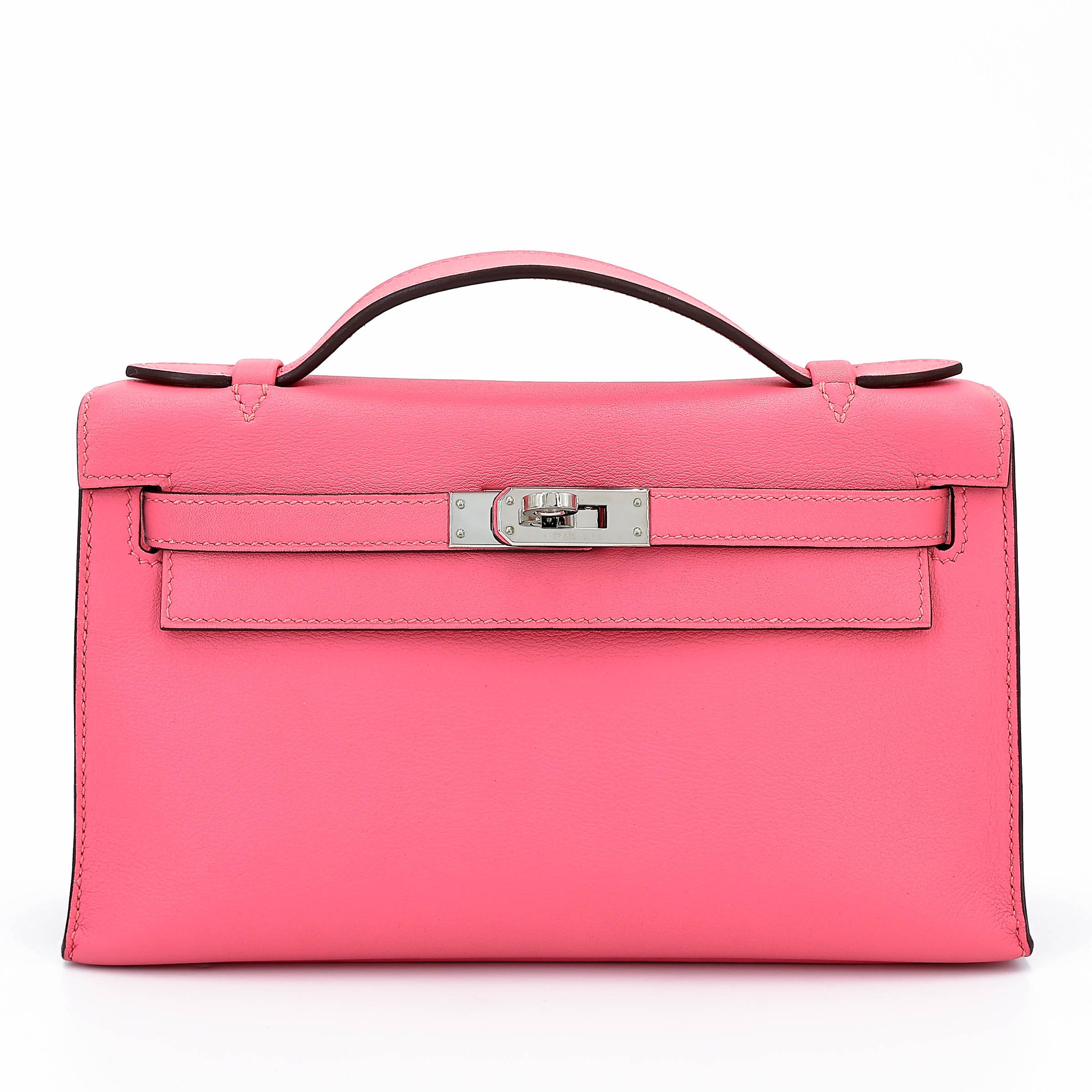 Excellent ( Rank SA ) HERMÈS Kelly Pochette Rose Azalee (8W) Swift Palladium hardware A (2017)