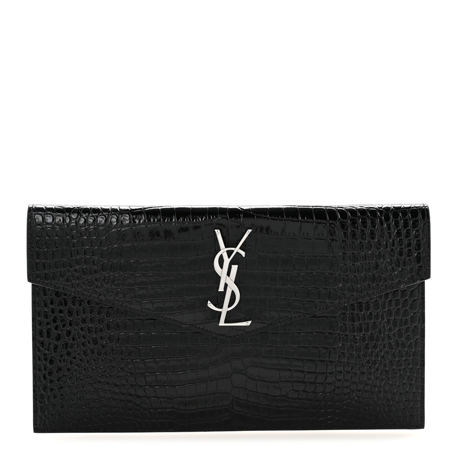 Saint Laurent Calfskin Crocodile Embossed Uptown Monogram Clutch Black